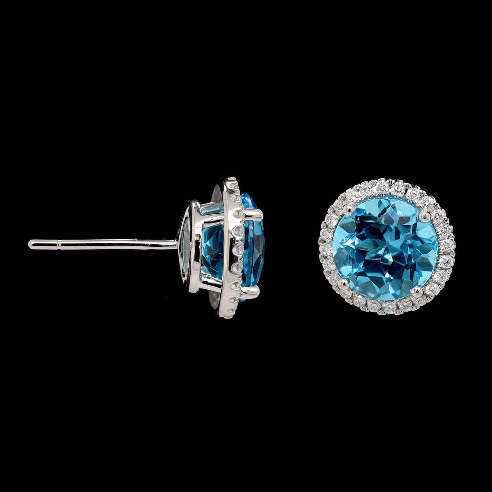 14K White Gold Estate Blue Topaz Diamond Halo Stud Earrings