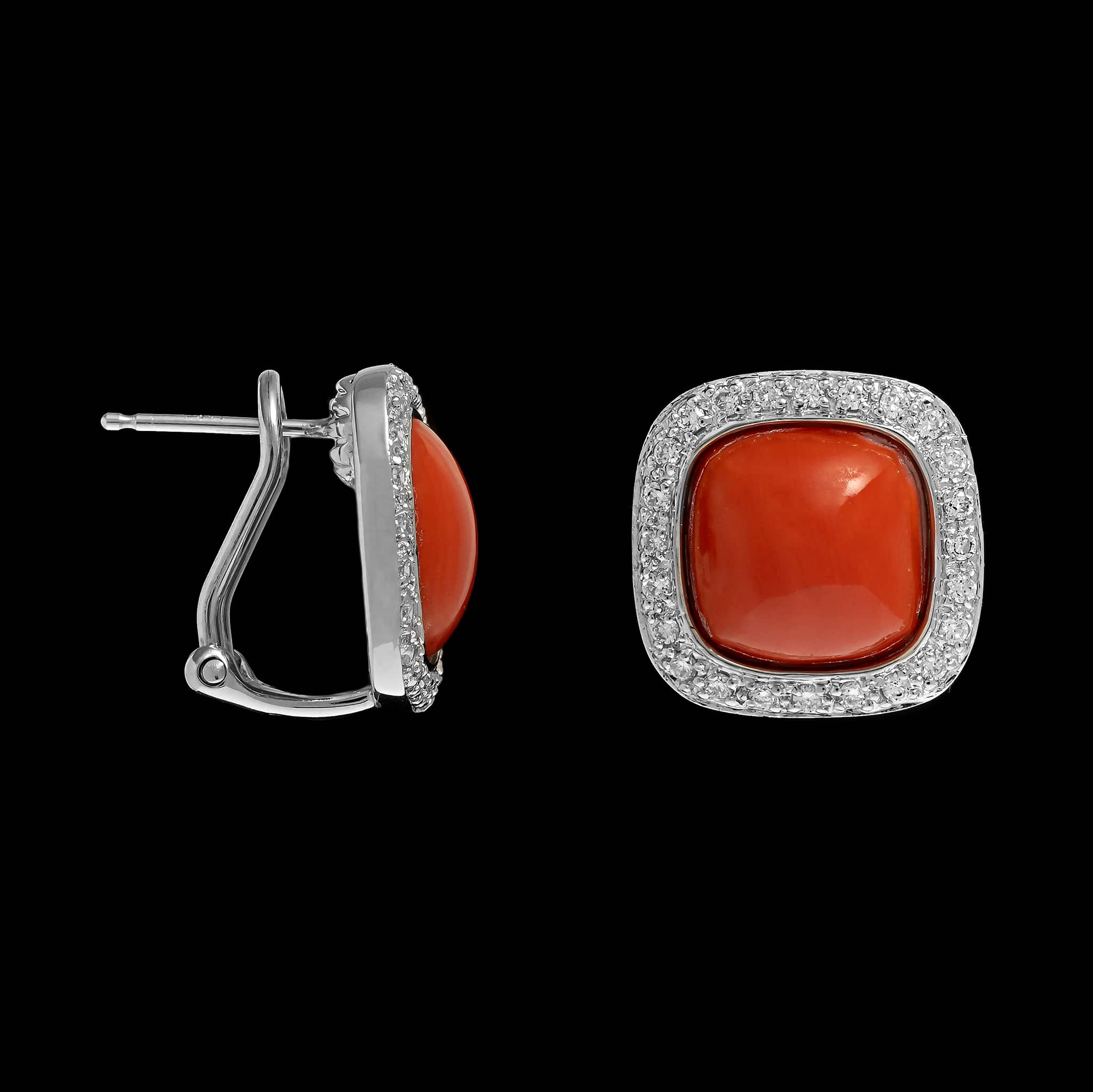 14K White Gold Estate Coral and Diamond Earring