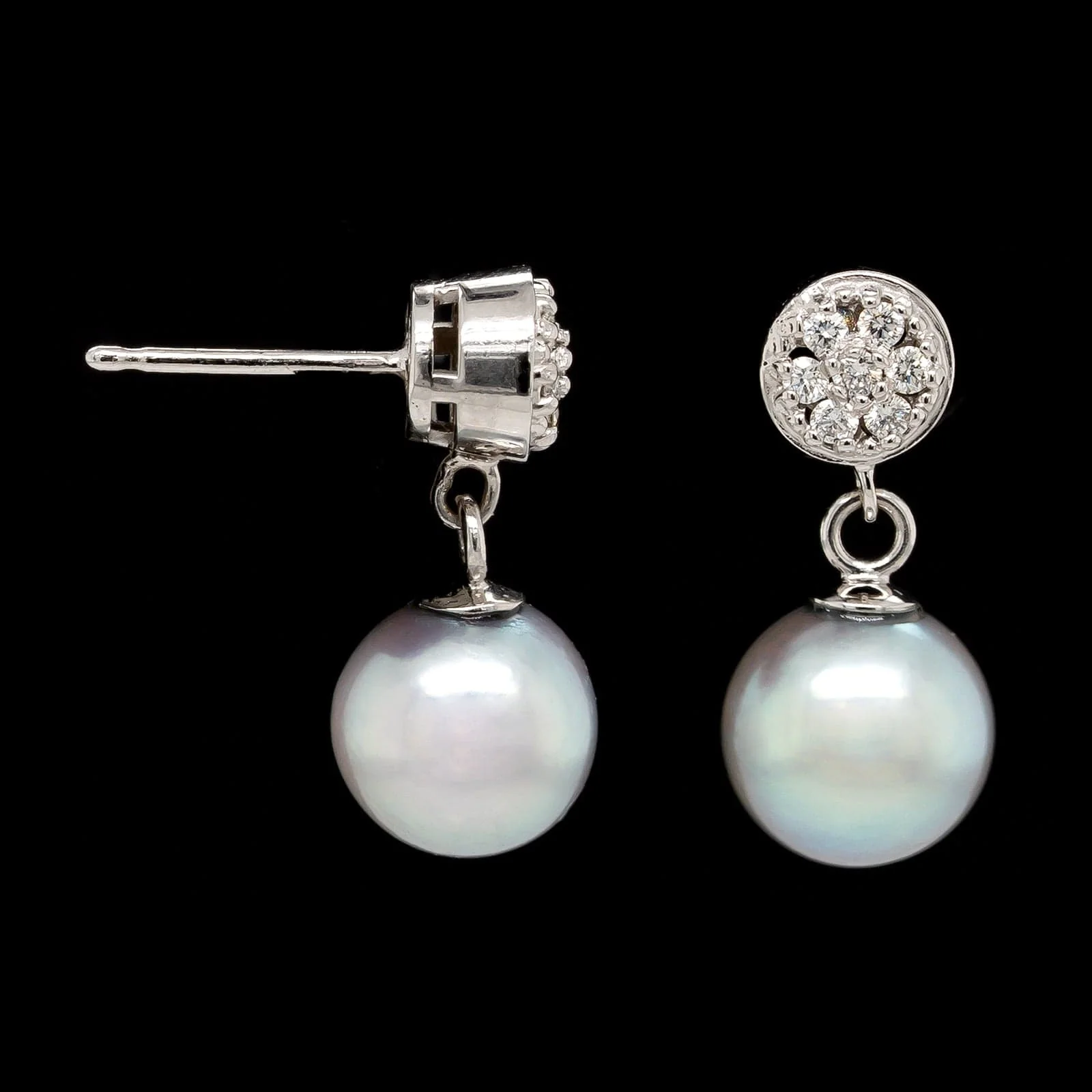 14K White Gold Estate Cultured Gray Pearl and Diamond Earrings