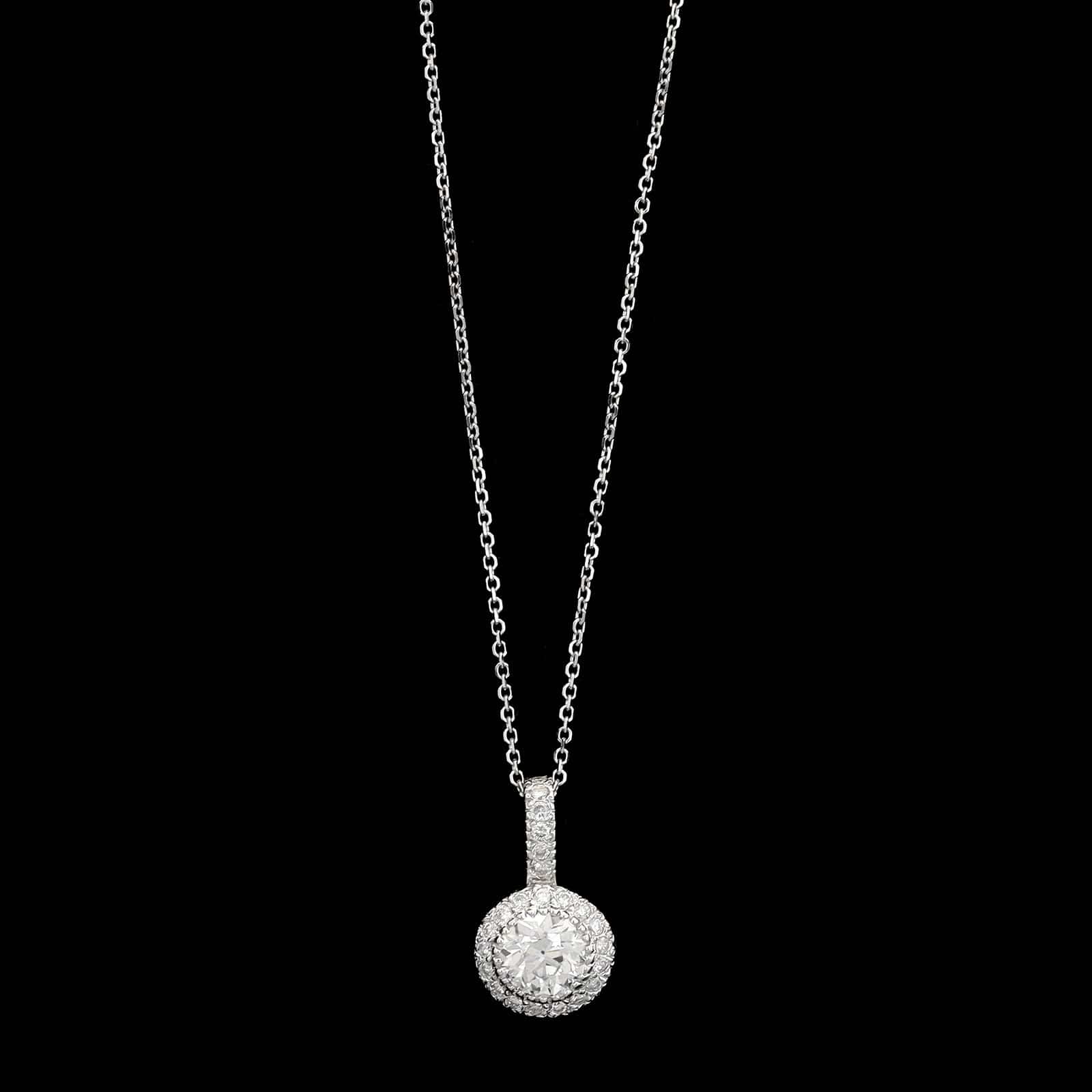 14K White Gold Estate Diamond Halo Pendant Necklace