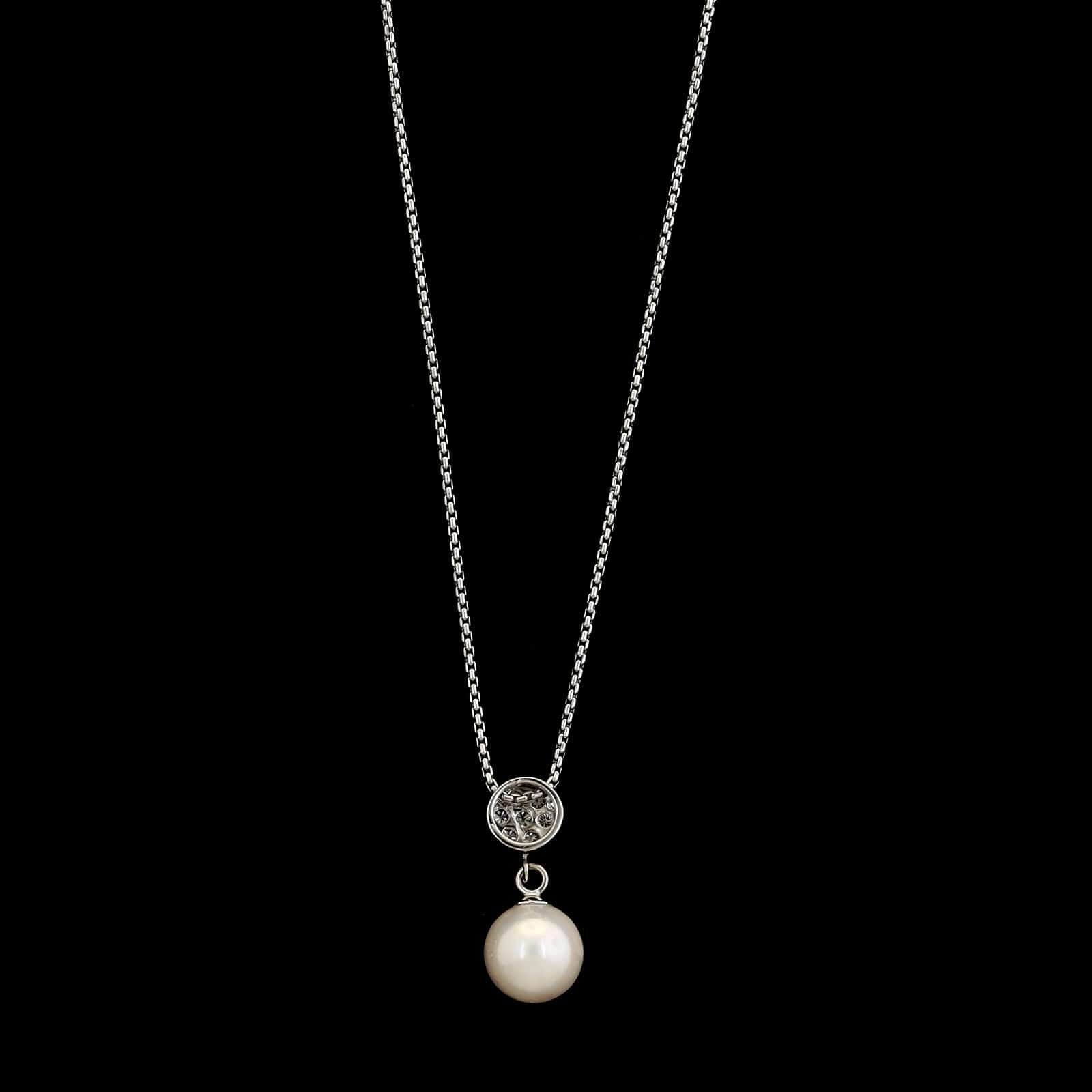14K White Gold Estate Diamond Pave and Pearl Drop Pendant Necklace - Image 2