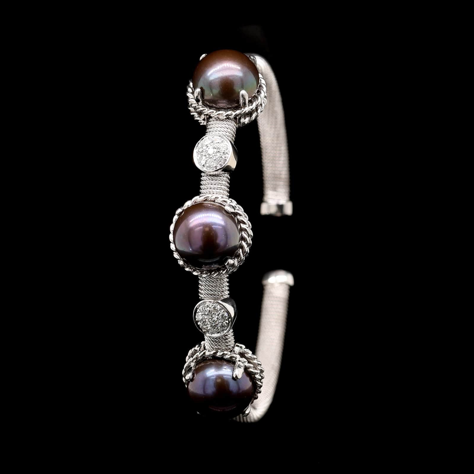 14K White Gold Estate Dyed Black Fresh Water Cultured Pearl Bracelet - Image 2