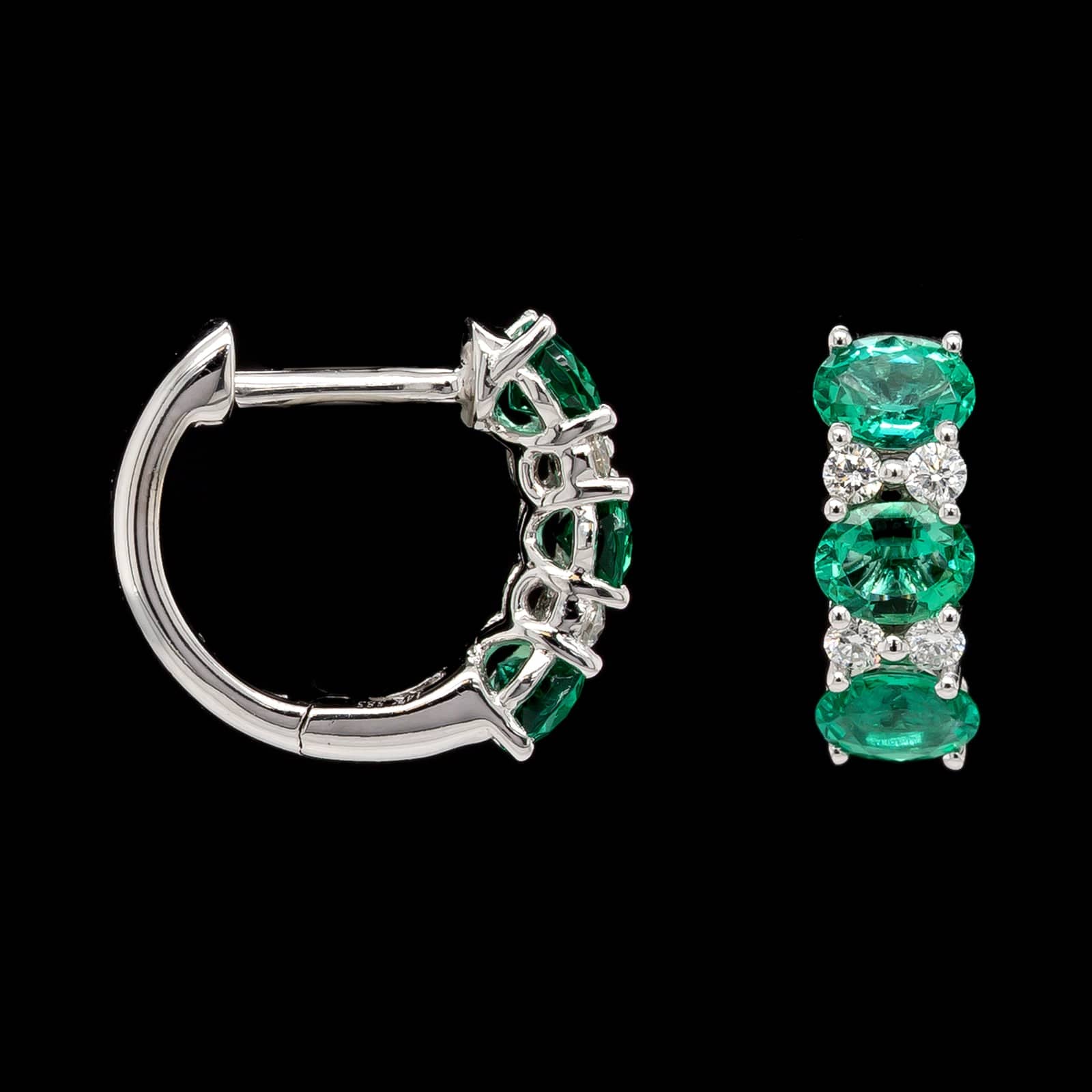 14K White Gold Estate Emerald and Diamond Huggie Hoops