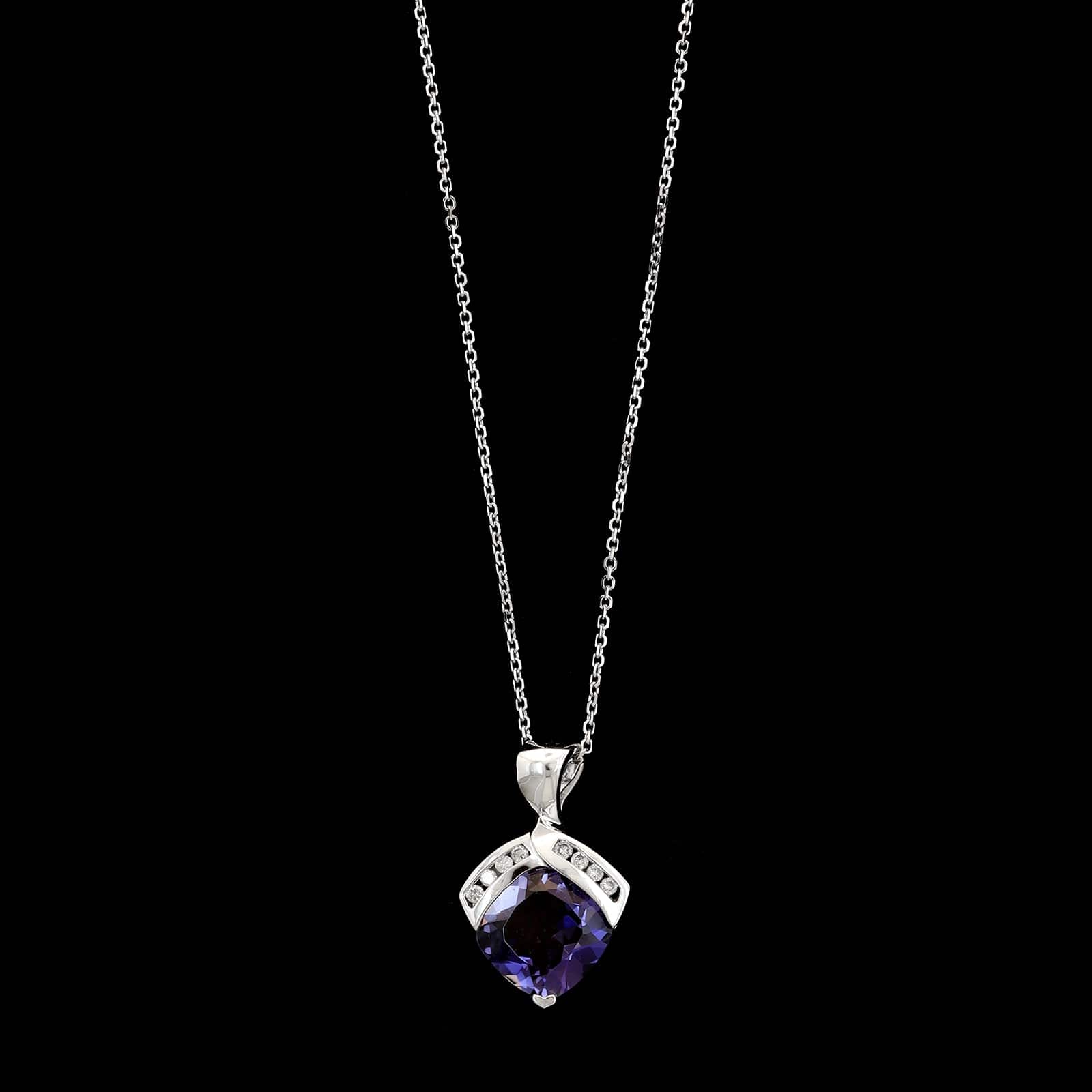 14K White Gold Estate Iolite and Diamond Pendant Necklace
