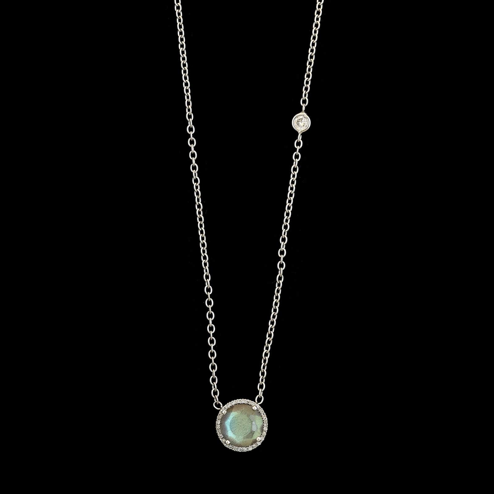 14K White Gold Estate Labradorite and Diamond Pendant Necklace