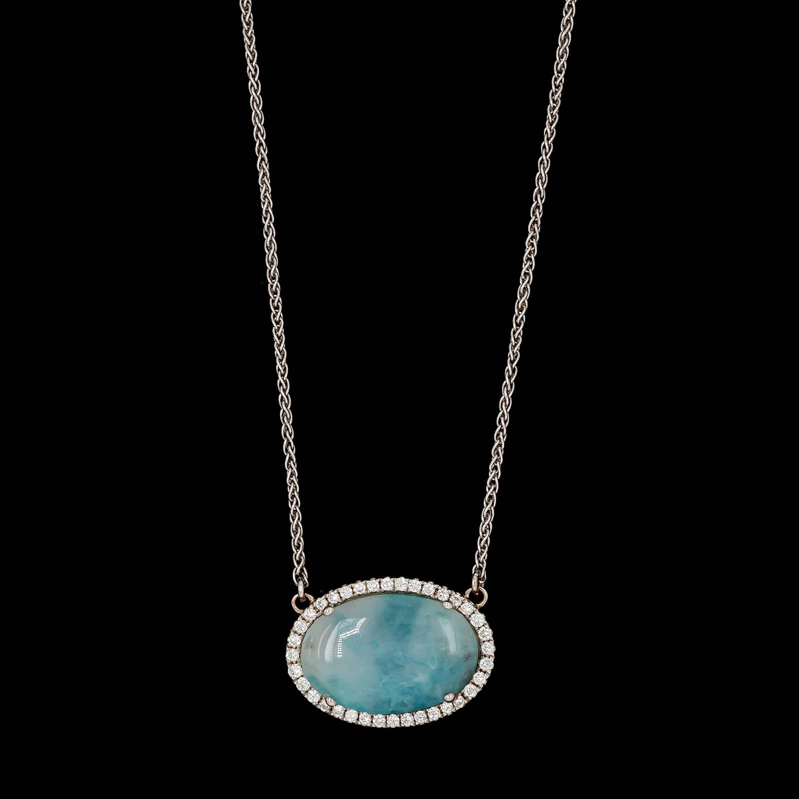 14K White Gold Estate Larimar and Diamond Pendant Necklace