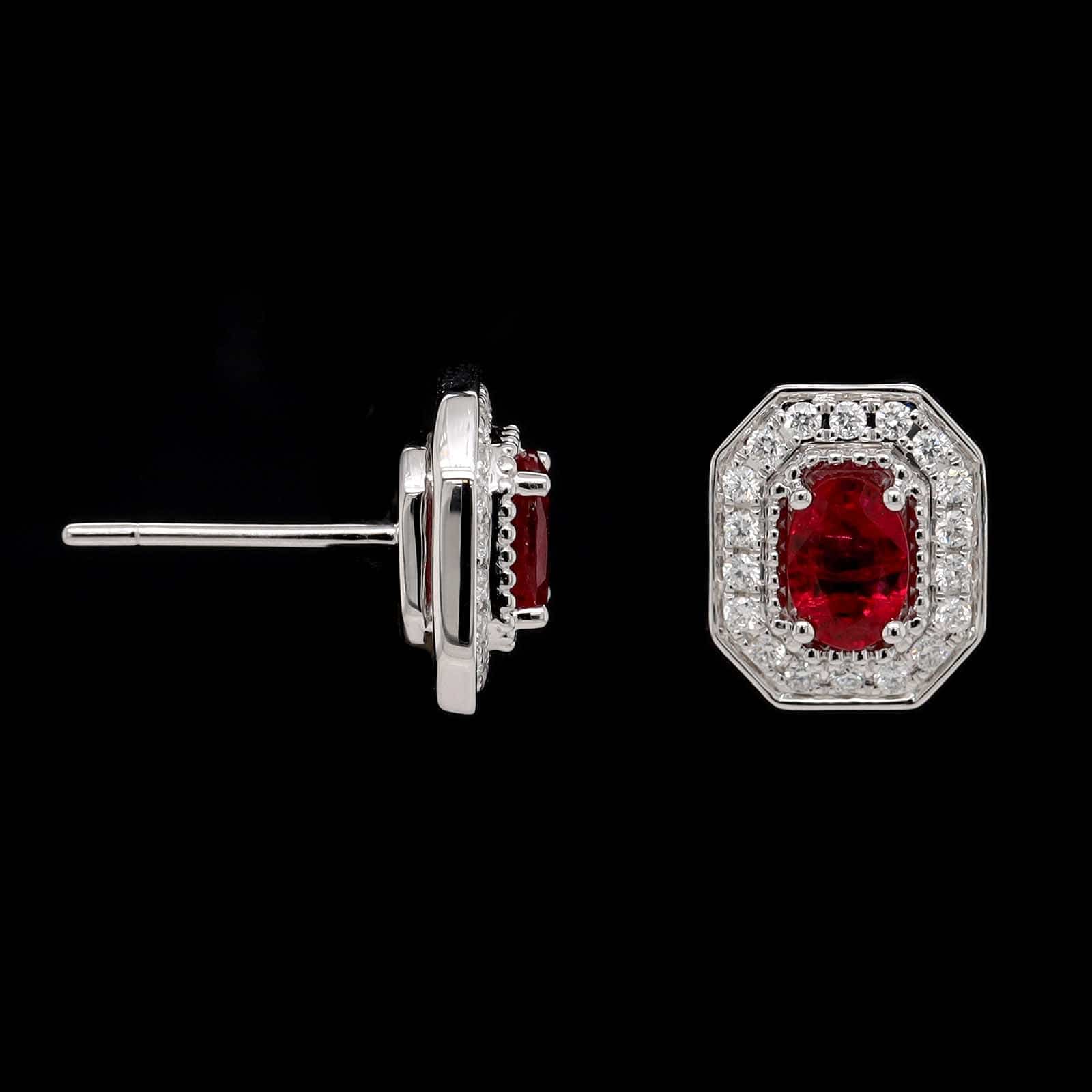14K White Gold Estate Ruby Diamond Halo Earrings