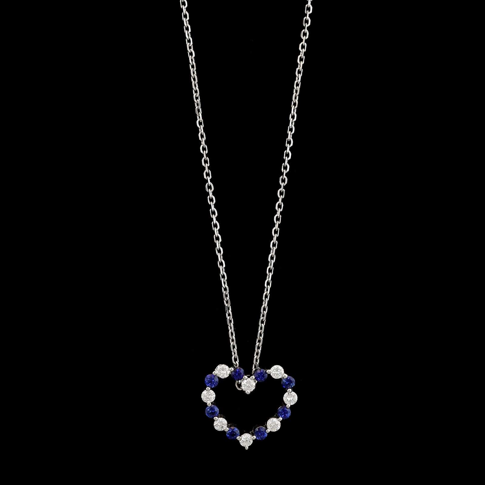 14K White Gold Estate Sapphire and Diamond Heart Pendant Necklace
