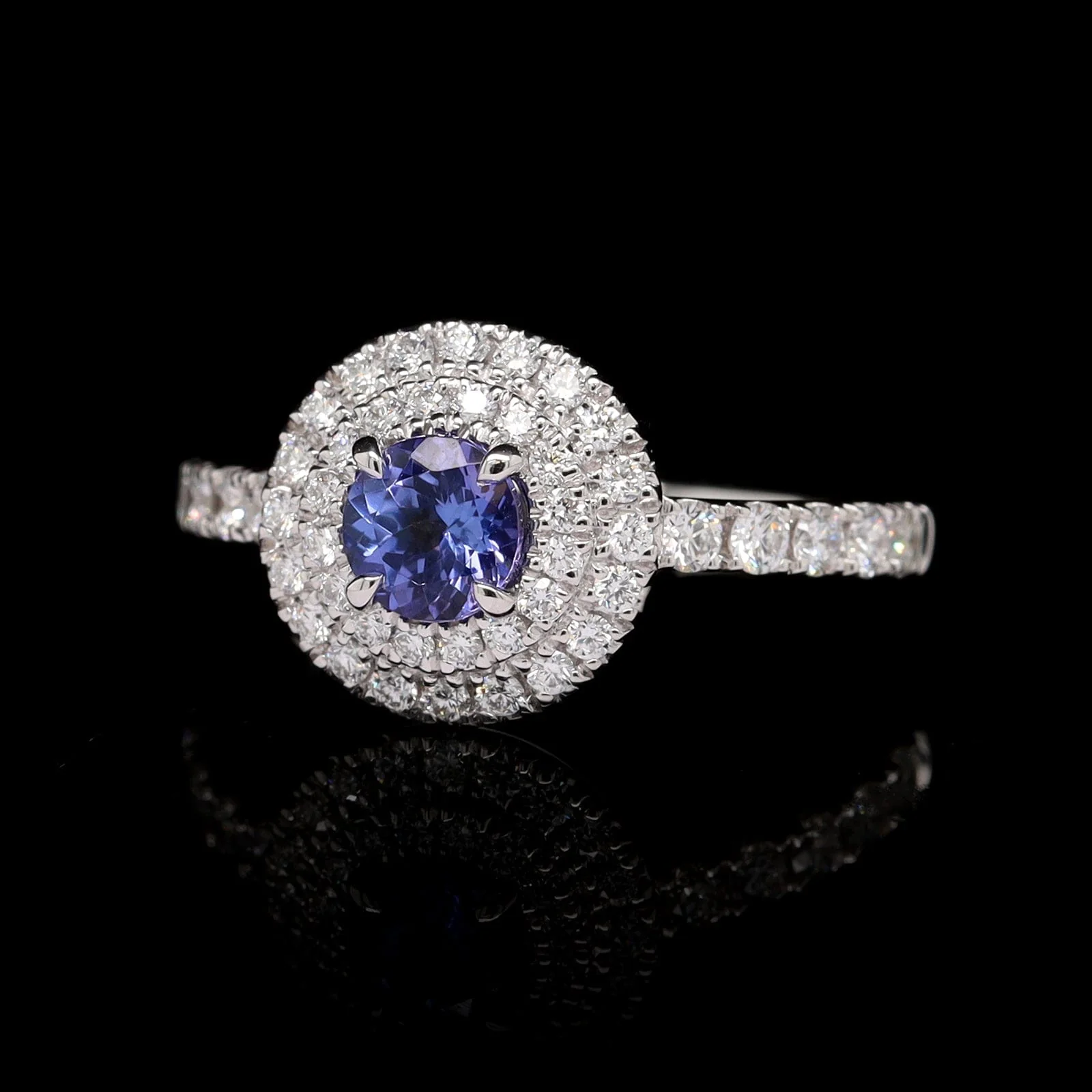 14K White Gold Estate Tanzanite and Diamond Double Halo Ring