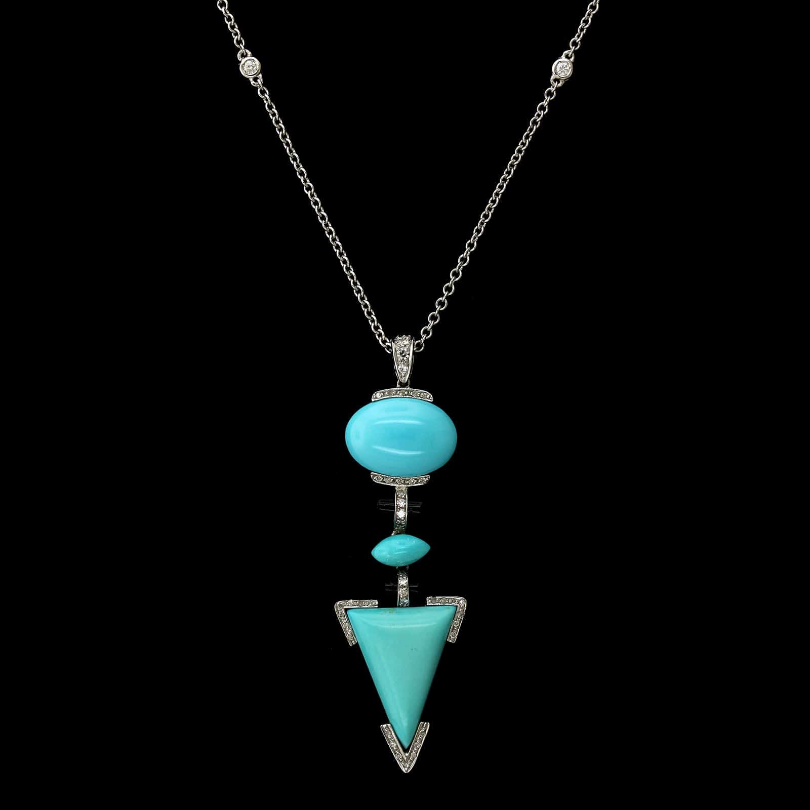 14K White Gold Estate Turquoise, Onyx and Diamond Pendant