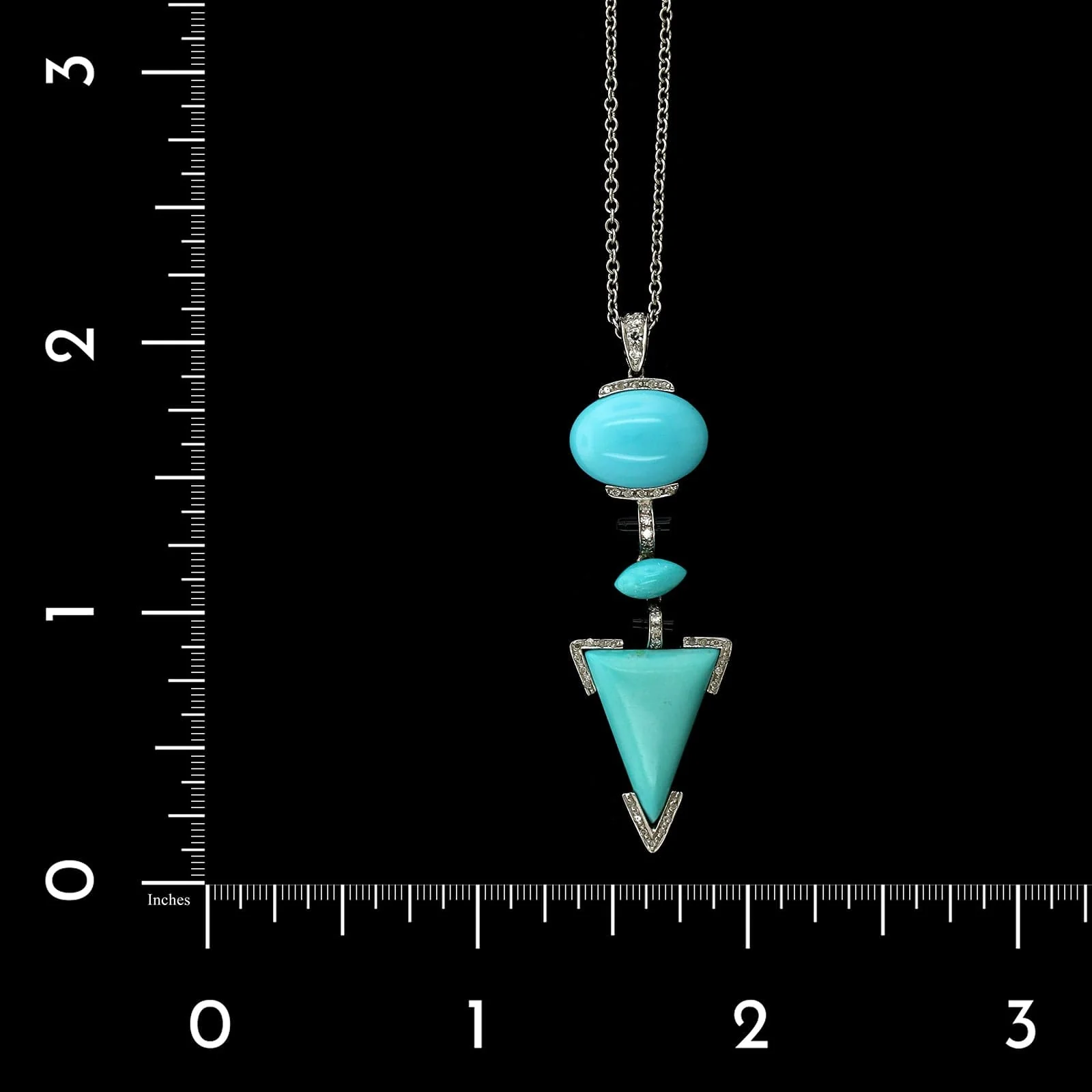 14K White Gold Estate Turquoise, Onyx and Diamond Pendant - Image 2