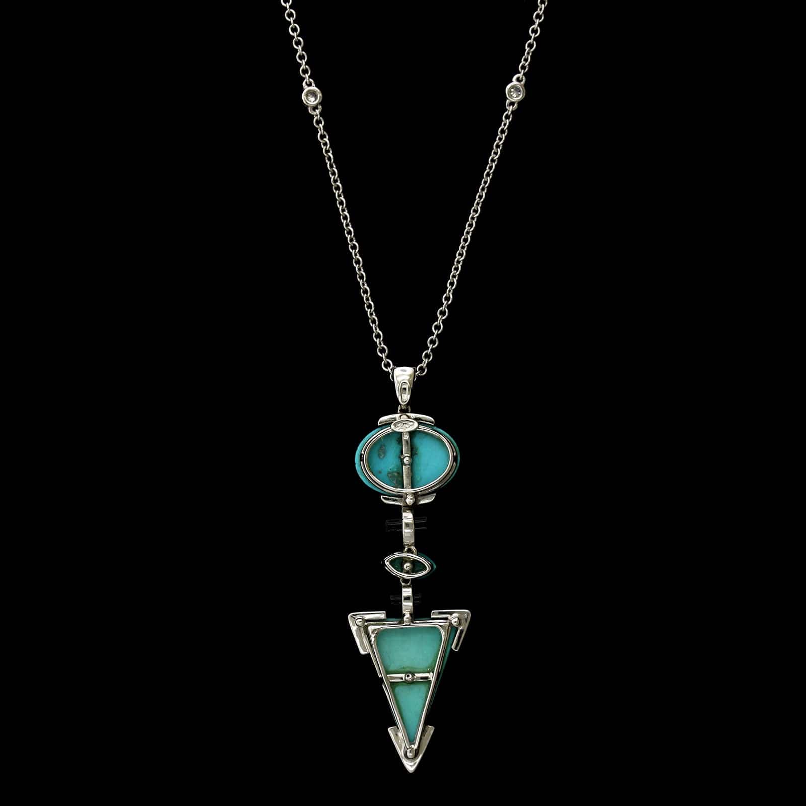 14K White Gold Estate Turquoise, Onyx and Diamond Pendant - Image 3