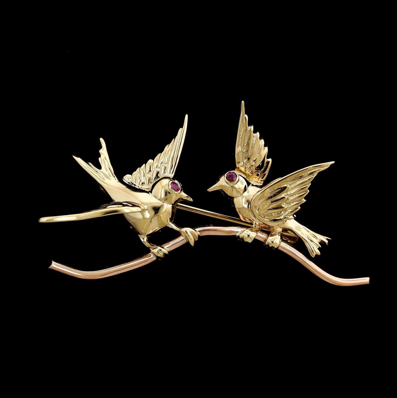 14K Yellow and Rose Gold Estate Lovebirds Pin