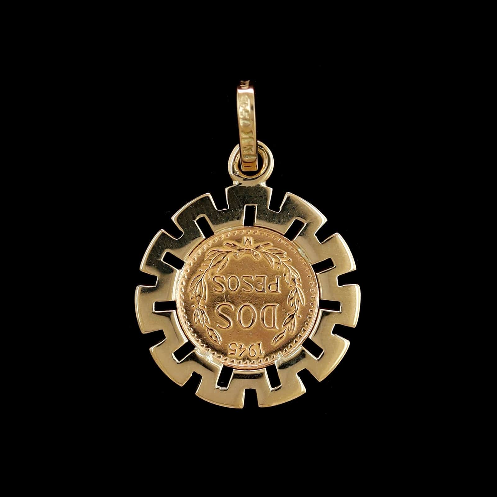 14K Yellow Gold Estate 1945 Dos Pesos 90% Gold Coin Charm - Image 2