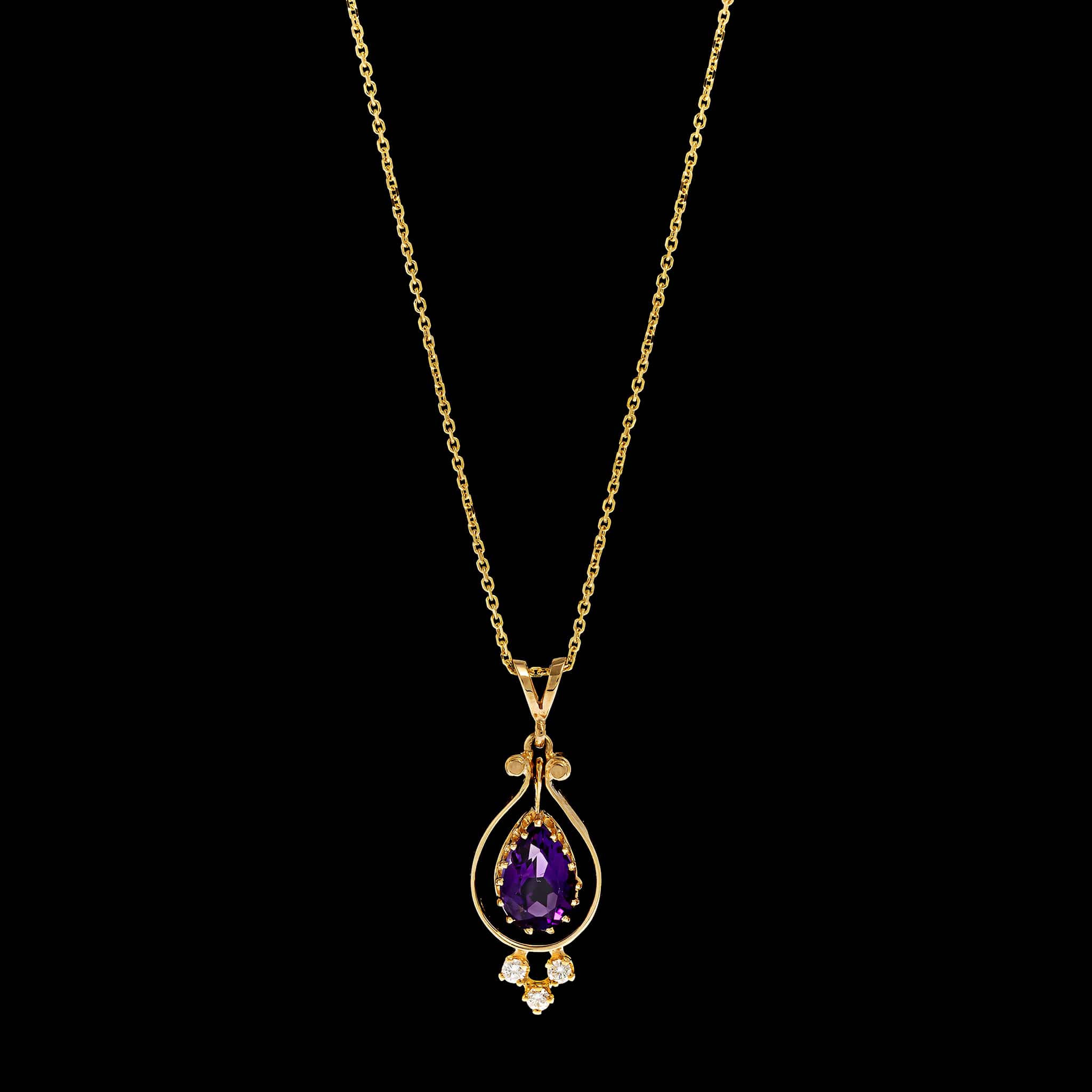 14K Yellow Gold Estate Amethyst and Diamond Pendant Necklace