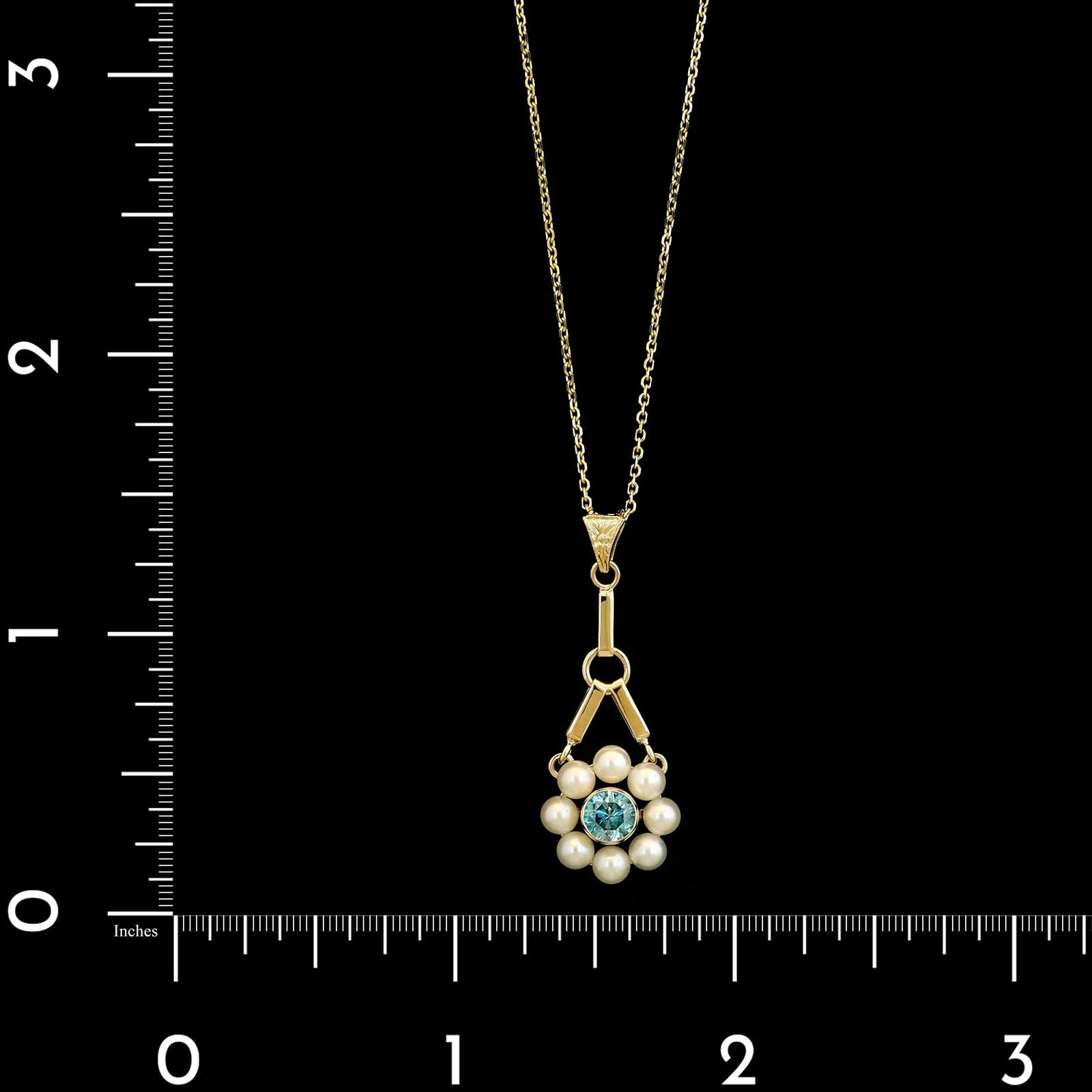 14K Yellow Gold Estate Blue Zircon and Cultured Pearl Pendant Necklace - Image 4