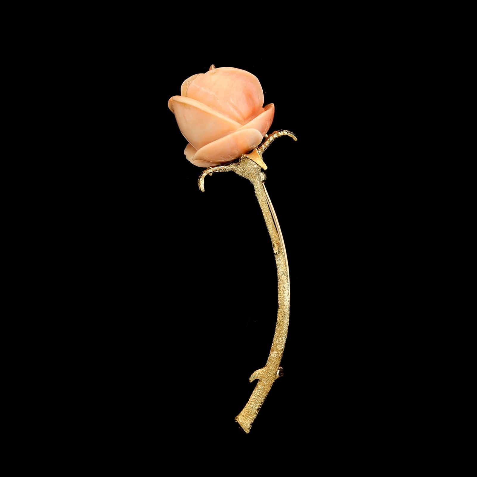 14K Yellow Gold Estate Carved Coral Rose Pin