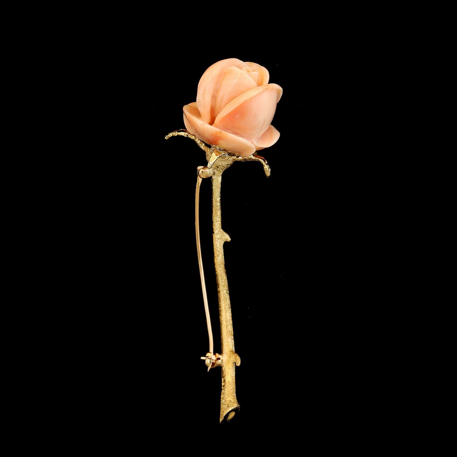 14K Yellow Gold Estate Carved Coral Rose Pin - Image 2