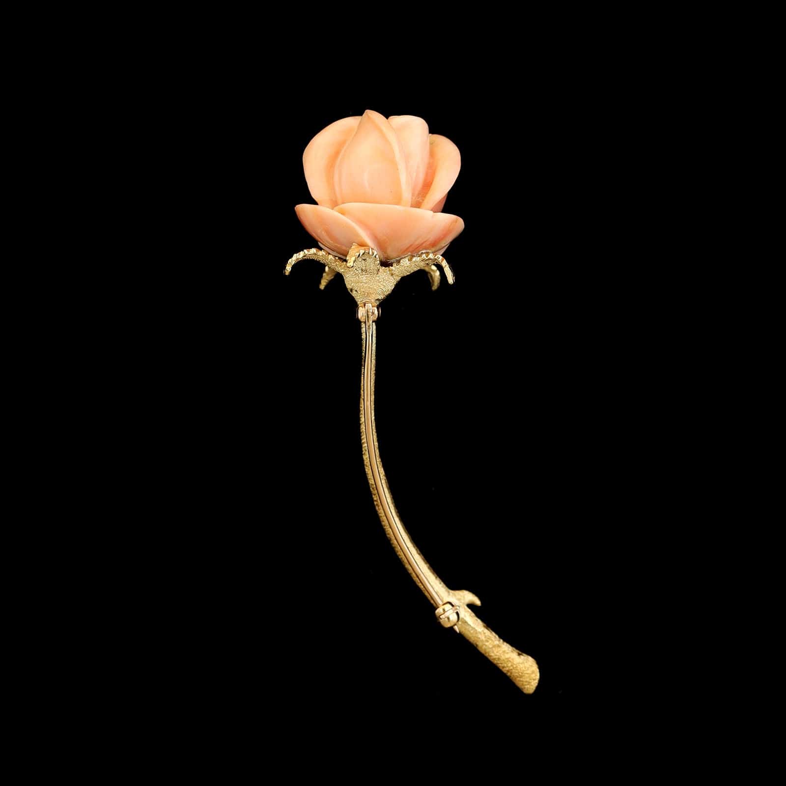14K Yellow Gold Estate Carved Coral Rose Pin - Image 3