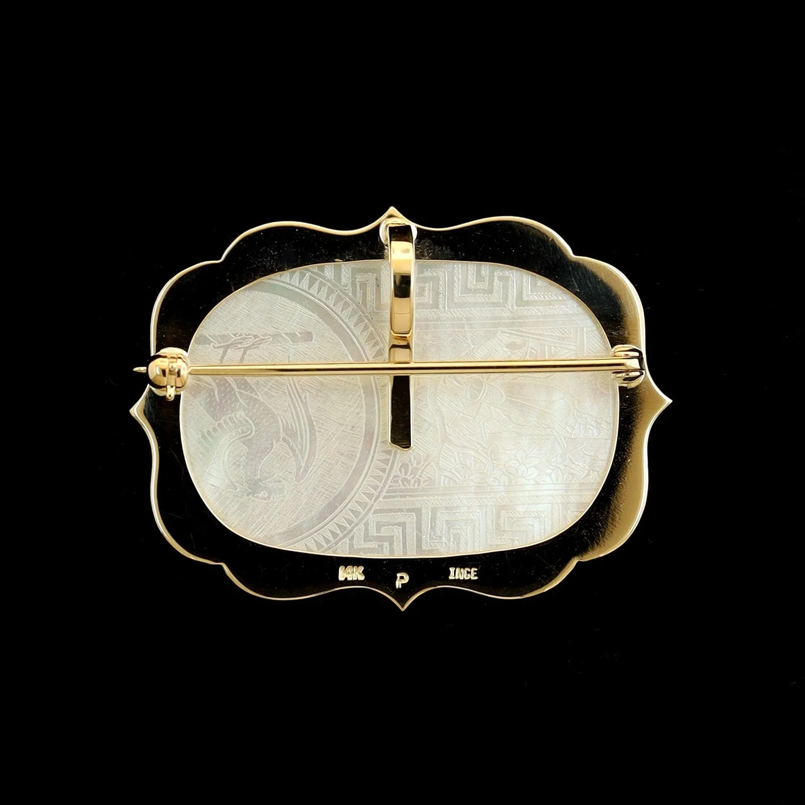 14K Yellow Gold Estate Chinese Carved Mother of Pearl Gaming Chip Pin Pendant - Image 2