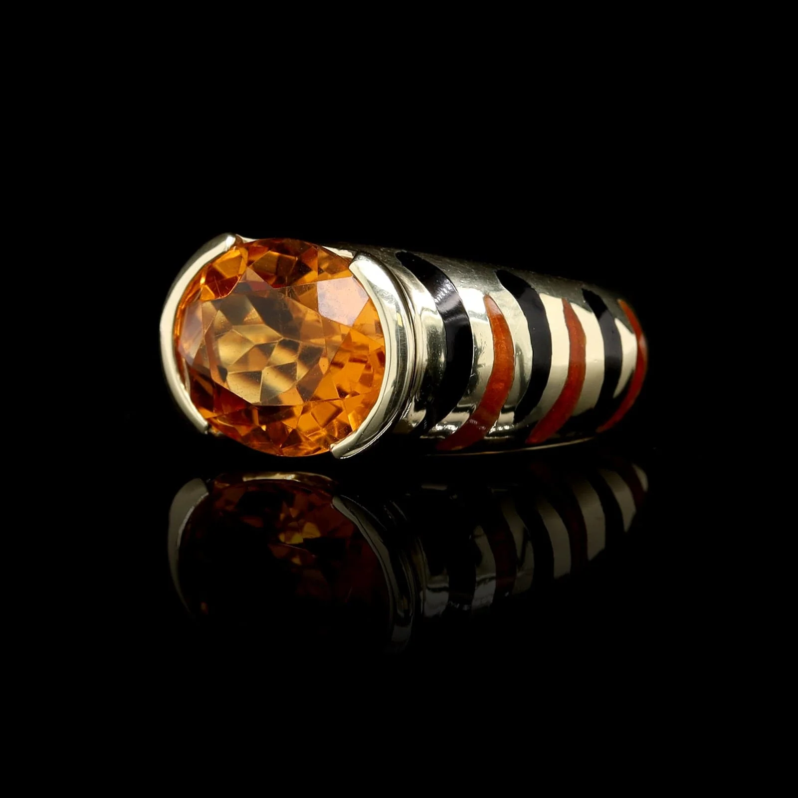 14K Yellow Gold Estate Citrine and Enamel Ring