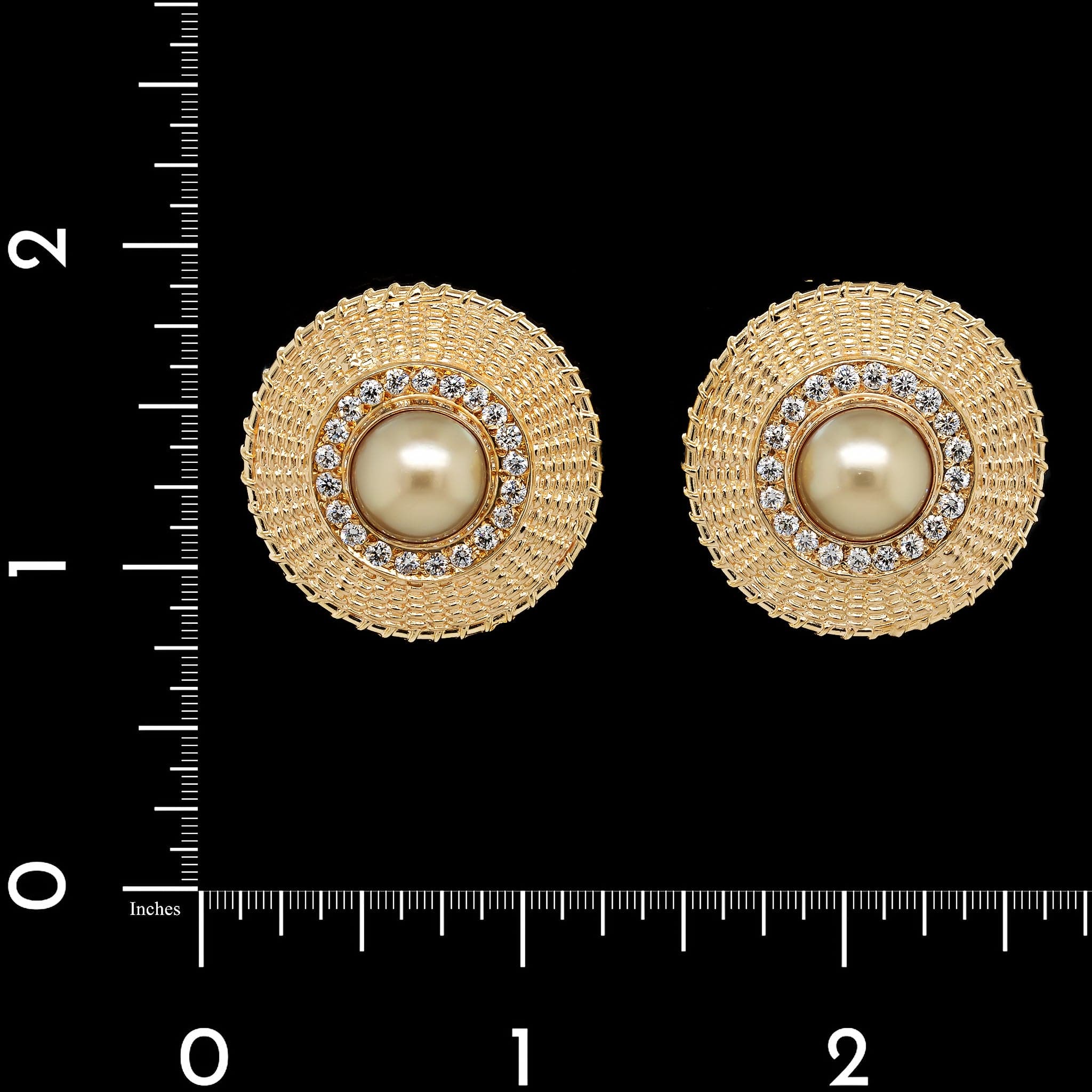 14K Yellow Gold Estate Cultured Golden Mabe Pearl and Diamond Earrings - Image 2