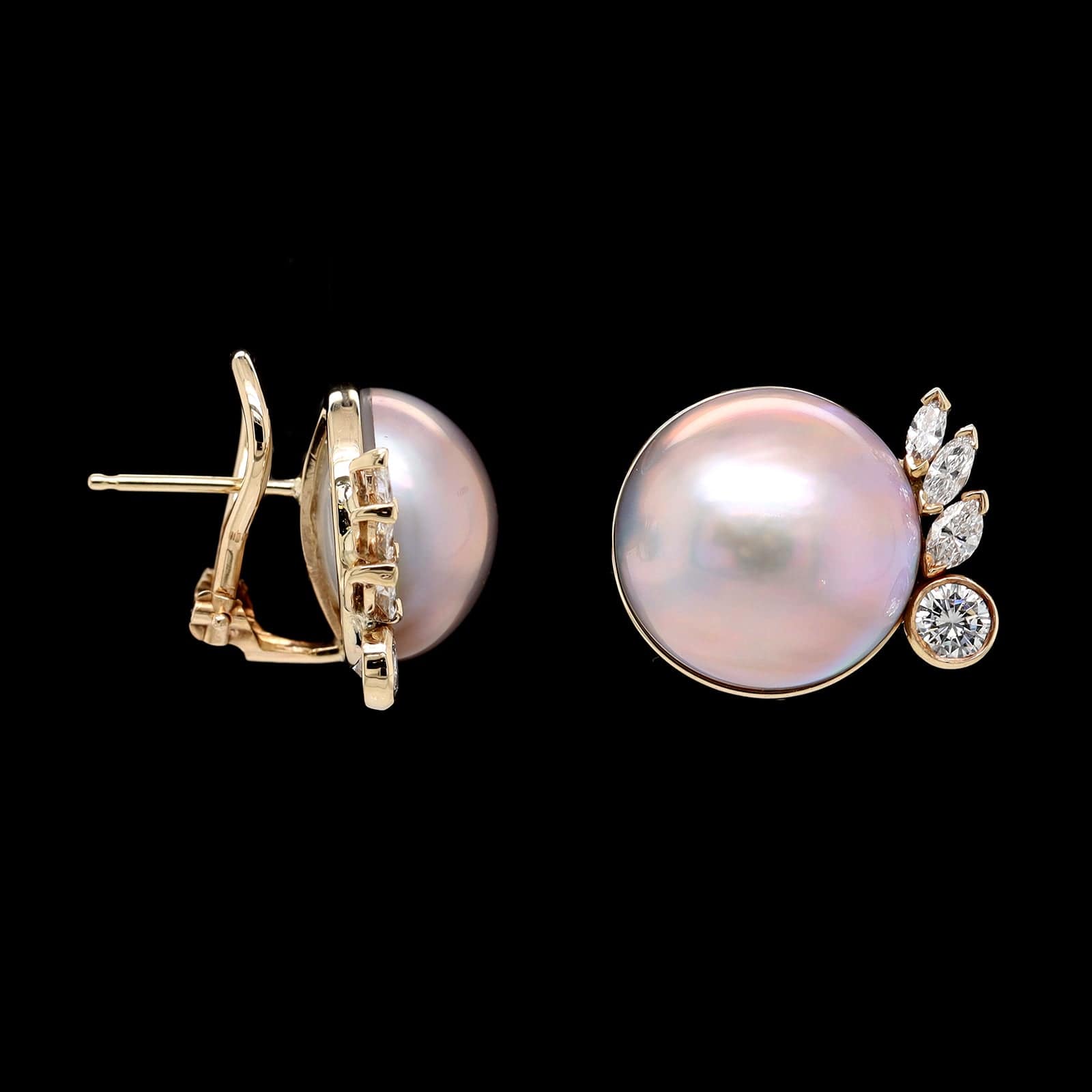 14K Yellow Gold Estate Cultured Grey Mabe Pearl and Diamond Earrings