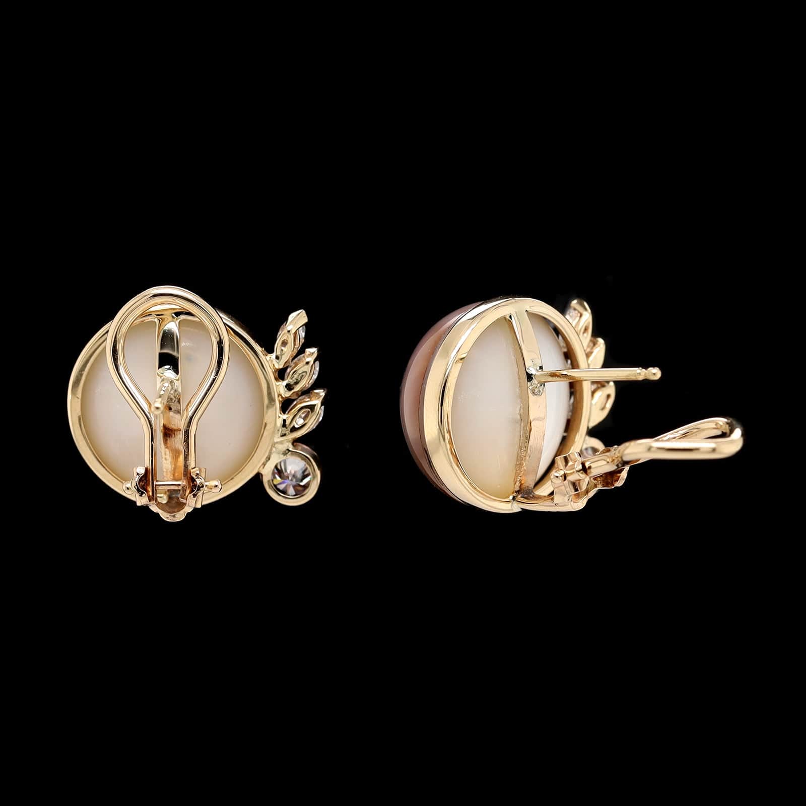 14K Yellow Gold Estate Cultured Grey Mabe Pearl and Diamond Earrings - Image 2