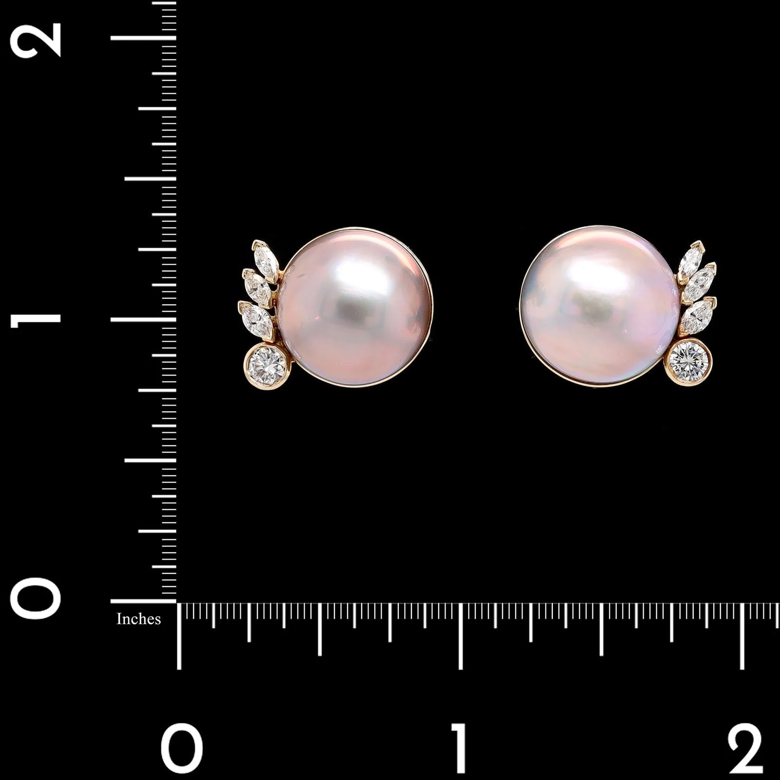 14K Yellow Gold Estate Cultured Grey Mabe Pearl and Diamond Earrings - Image 3