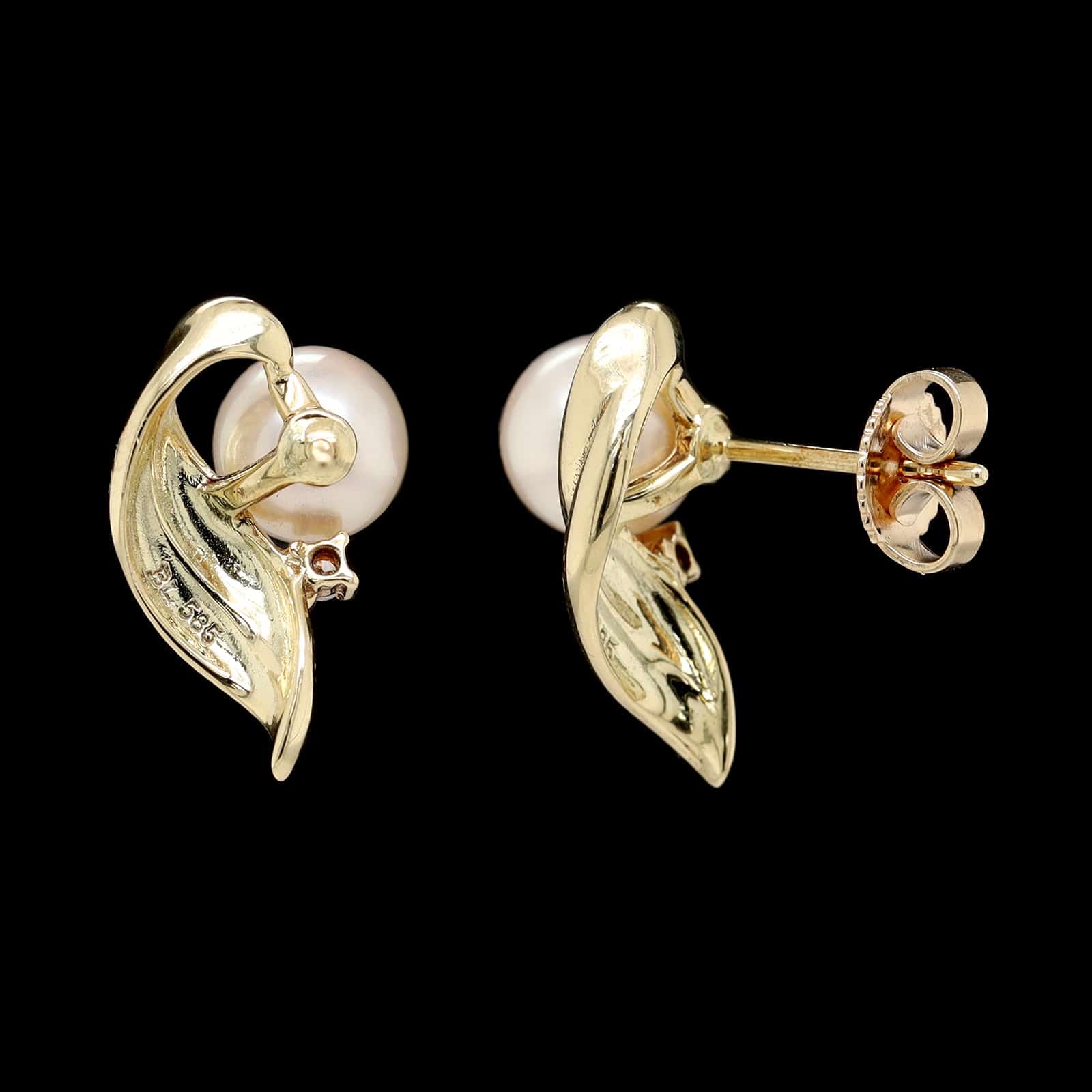 14K Yellow Gold Estate Cultured Pearl and Diamond Earrings - Image 2