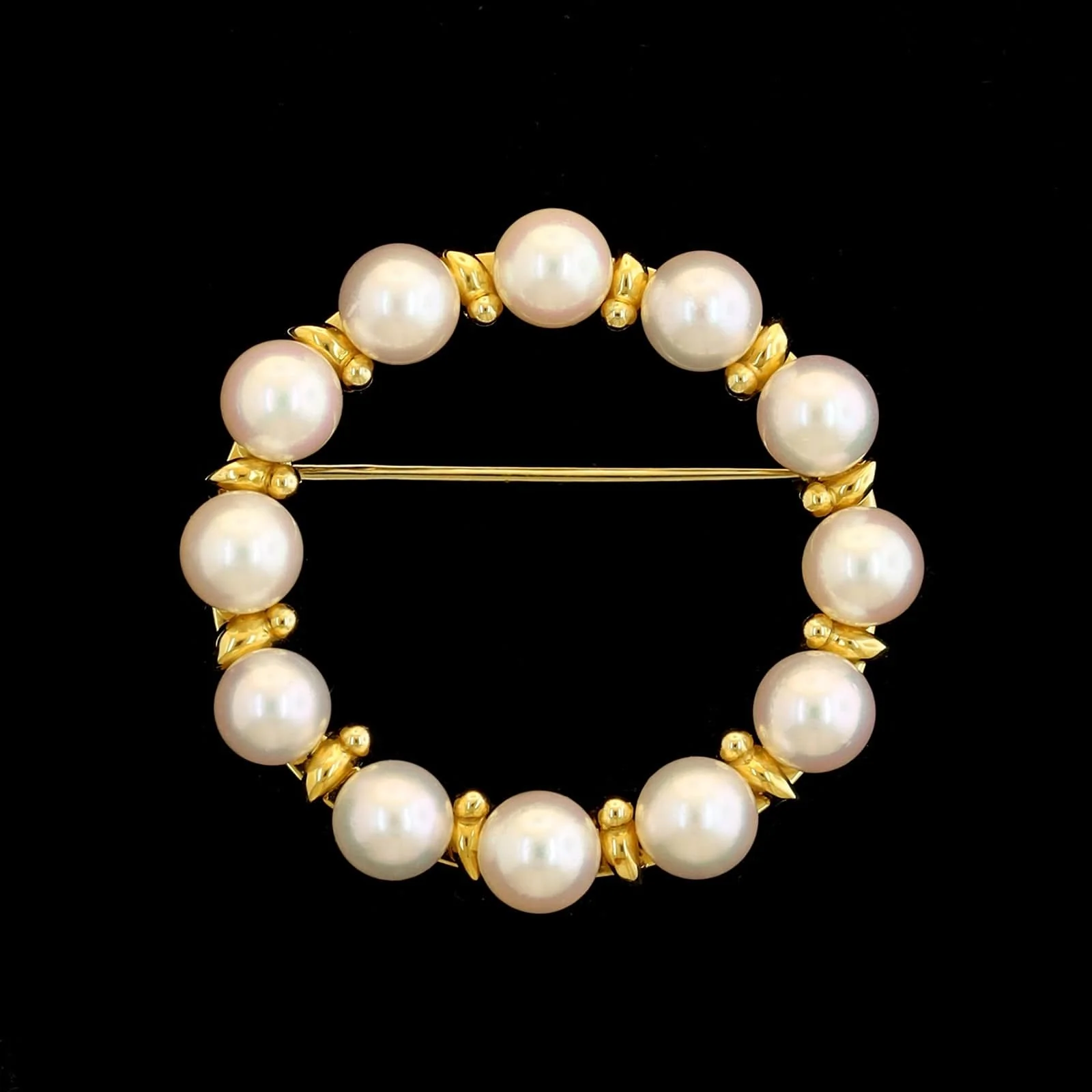 14K Yellow Gold Estate Cultured Pearl Circle Pin