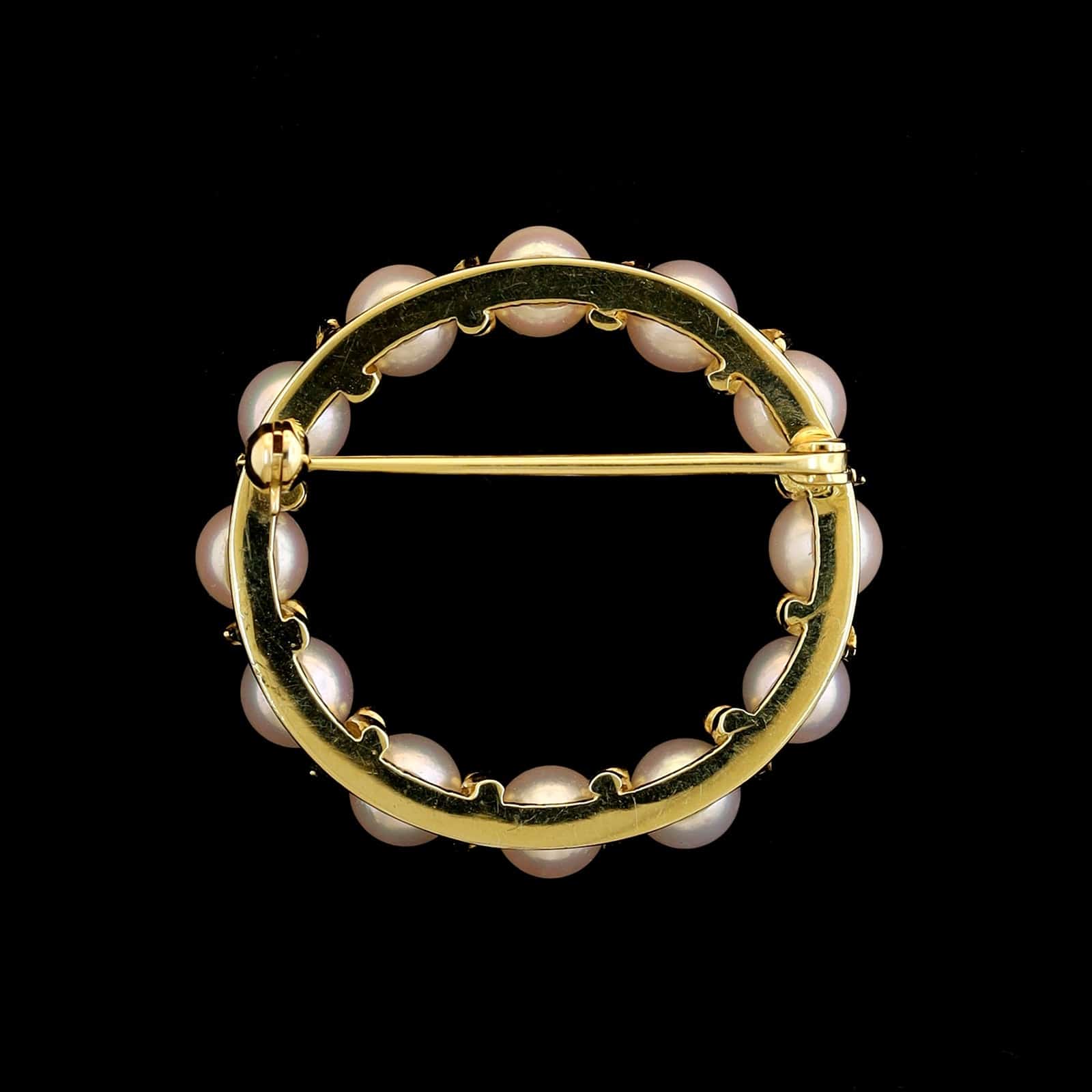 14K Yellow Gold Estate Cultured Pearl Circle Pin - Image 2