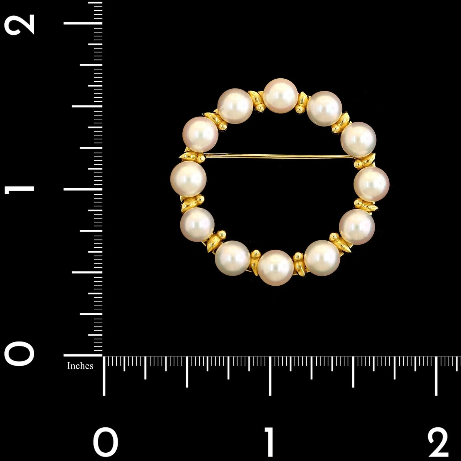 14K Yellow Gold Estate Cultured Pearl Circle Pin - Image 3