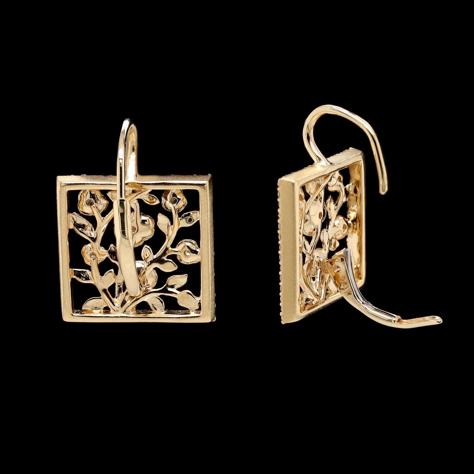 14K Yellow Gold Estate Diamond Floral Drop Earrings - Image 2