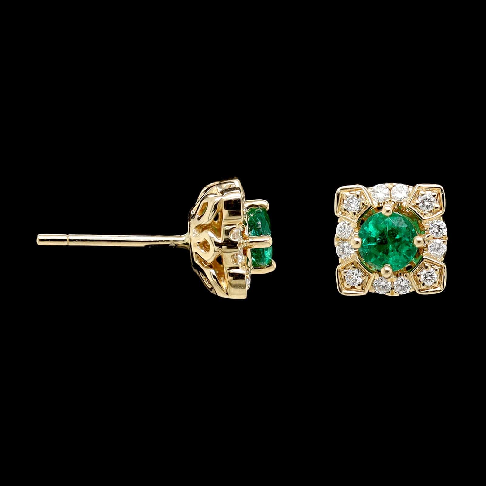 14K Yellow Gold Estate Emerald and Diamond Earrings