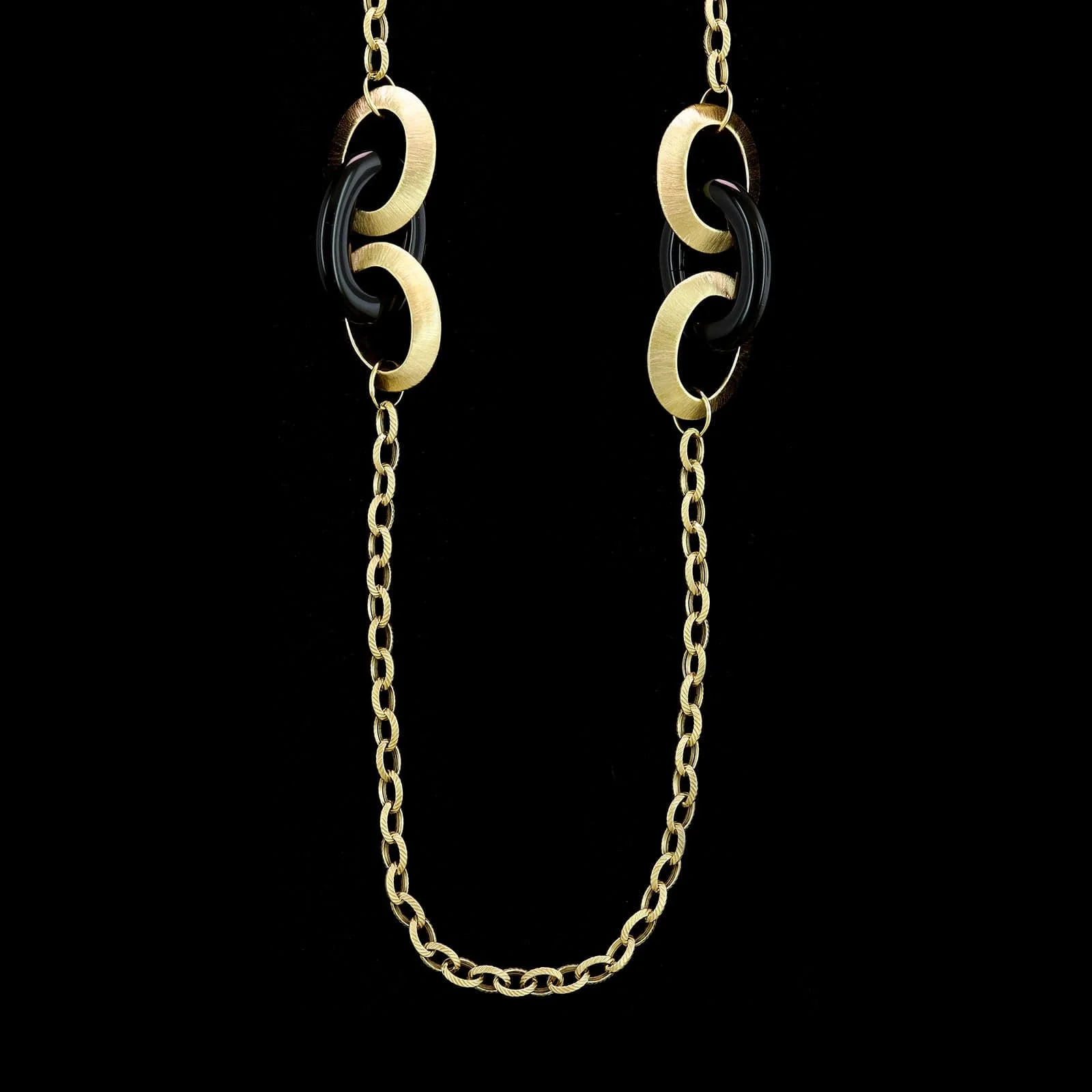 14K Yellow Gold Estate Fancy Link Onyx Necklace