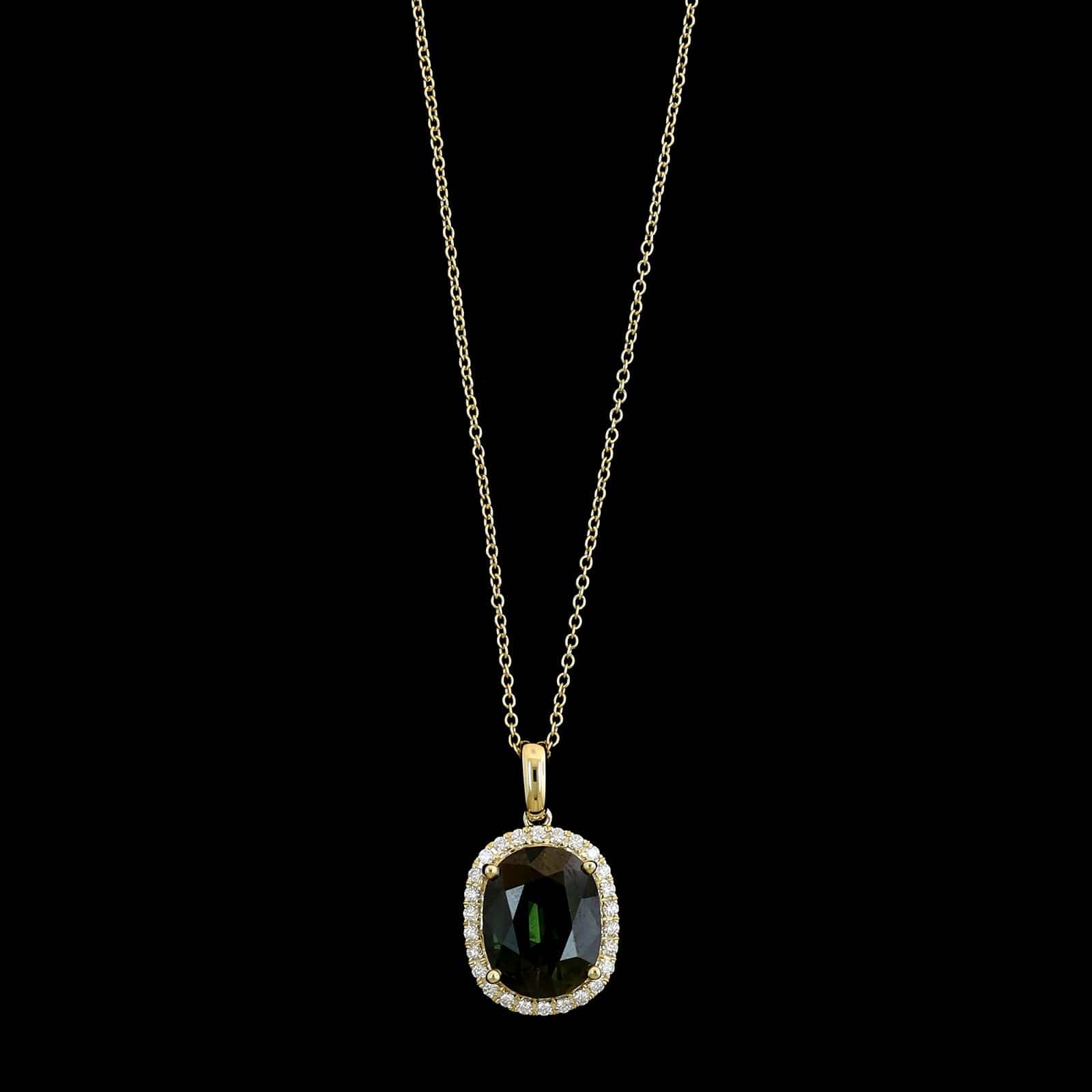 14K Yellow Gold Estate Green Sapphire and Diamond Pendant Necklace