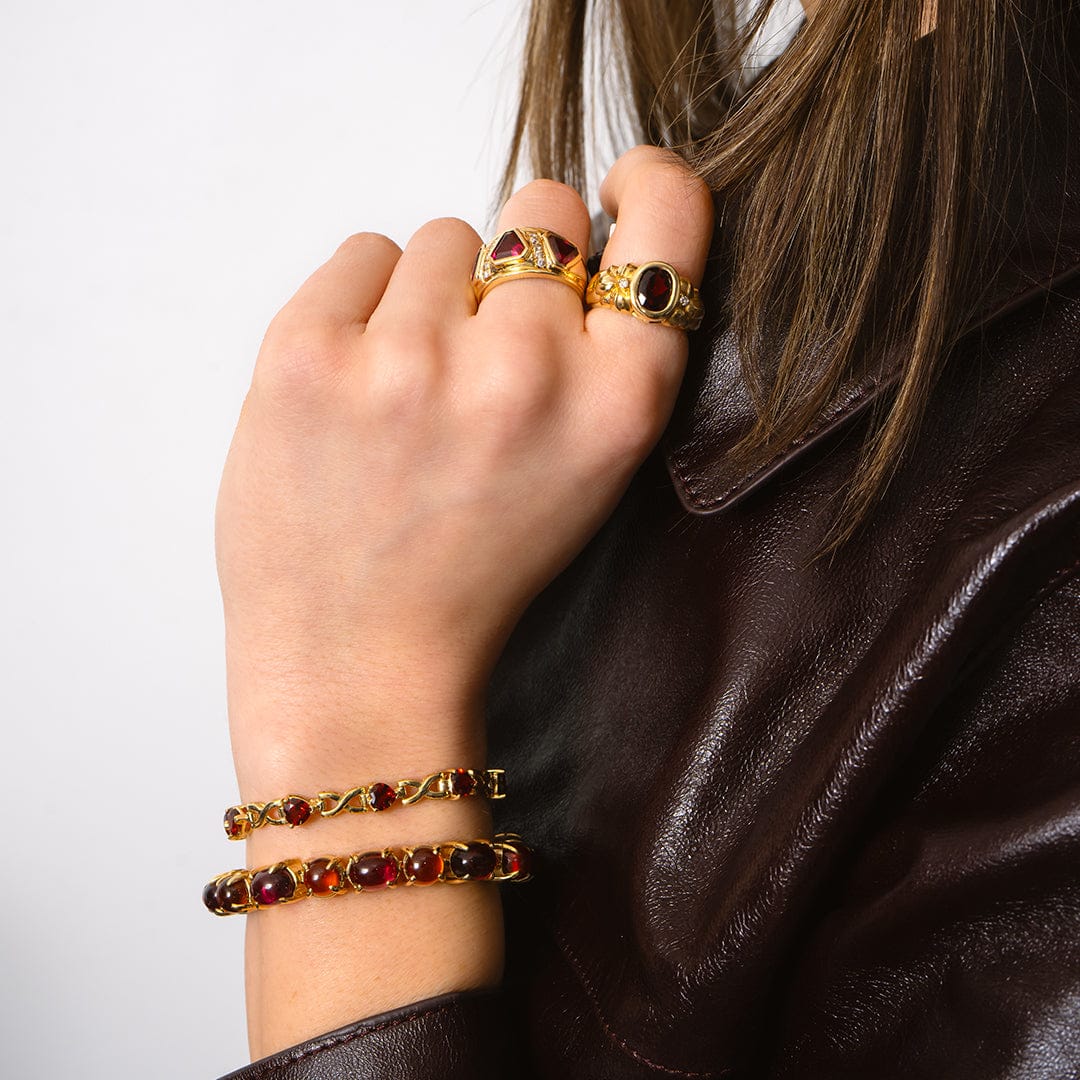 14K Yellow Gold Estate Hessonite and Rhodolite Garnet Cabochon Bracelet - Image 5