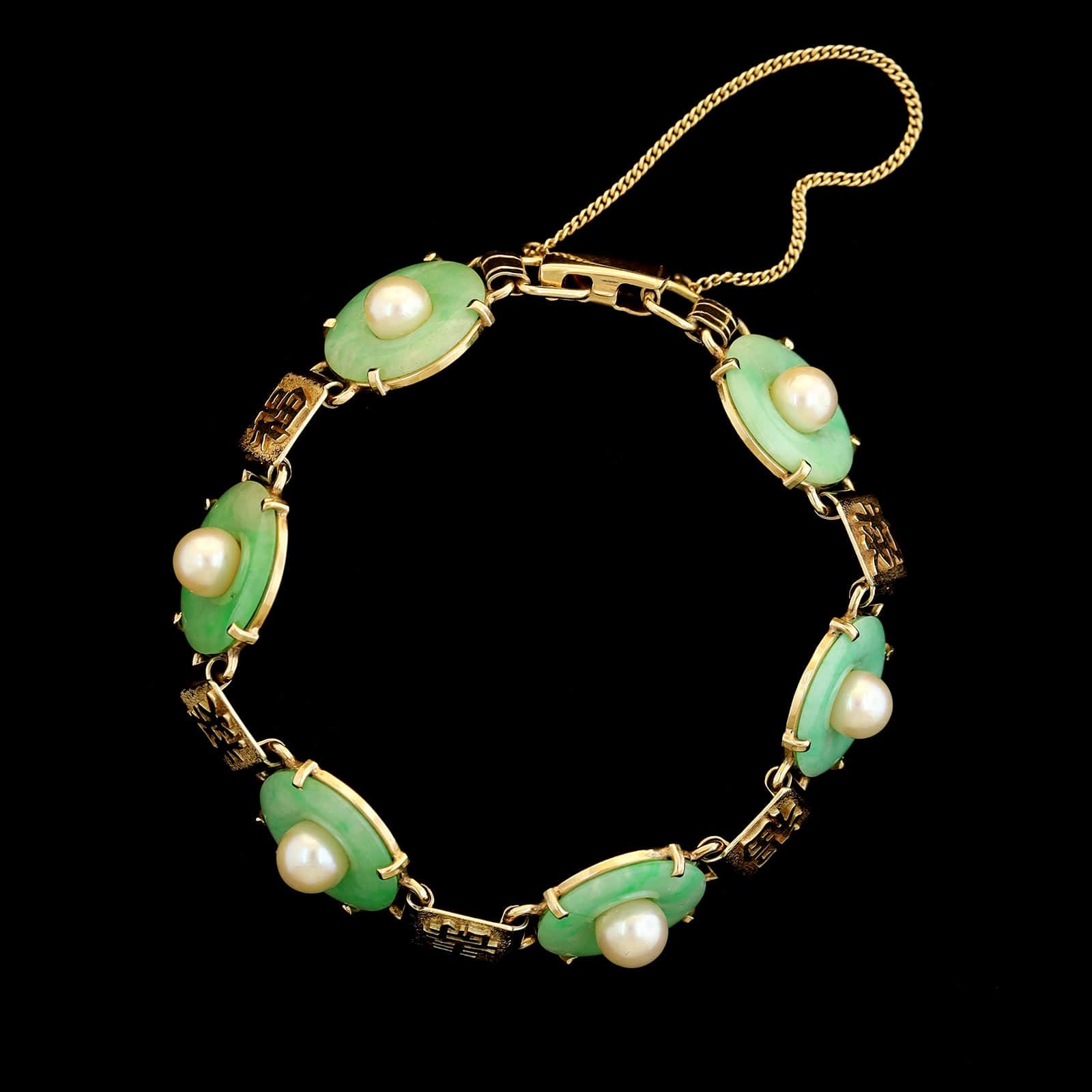 14K Yellow Gold Estate Hololith Jadeite and Cultured Pearl Bracelet - Image 3