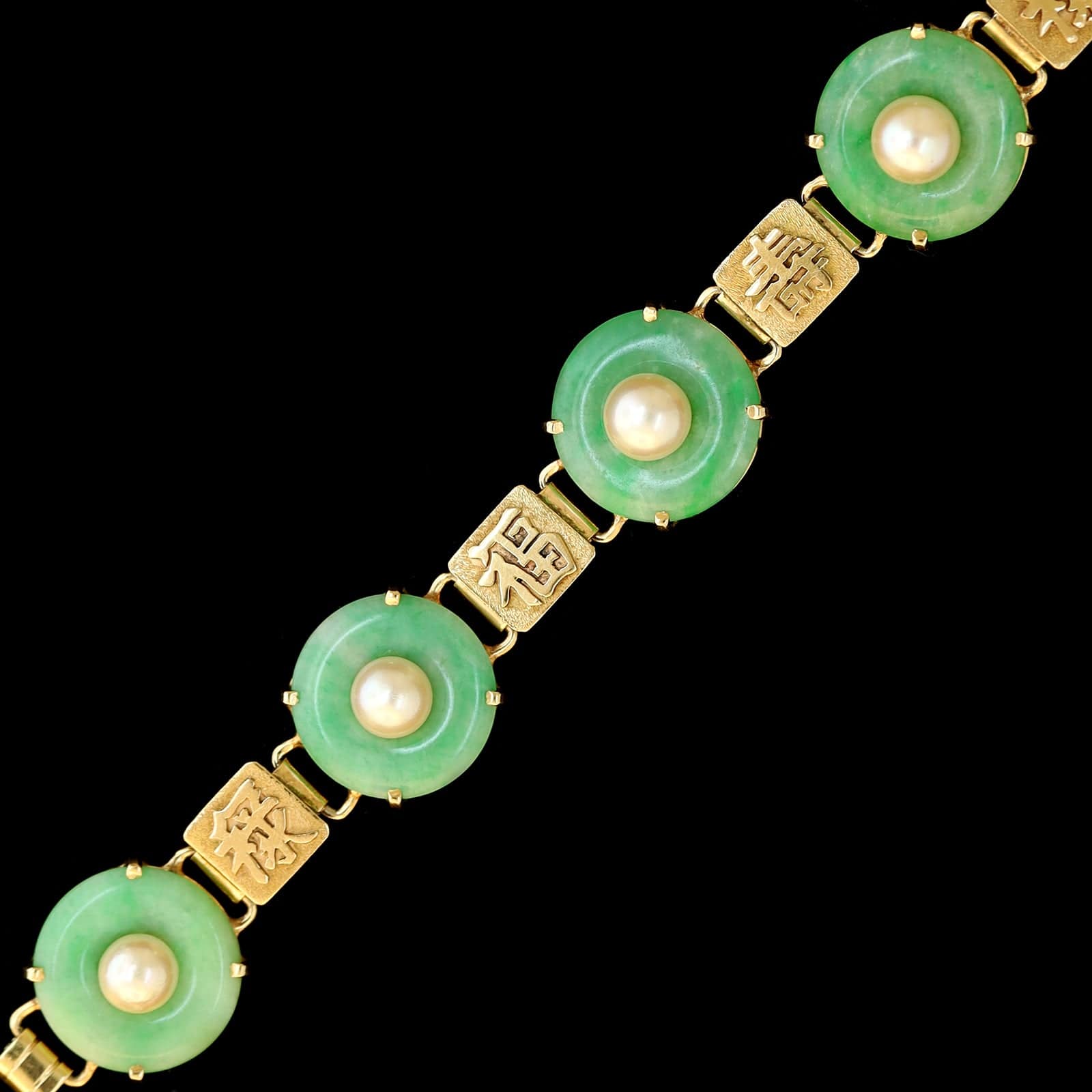 14K Yellow Gold Estate Hololith Jadeite and Cultured Pearl Bracelet - Image 4