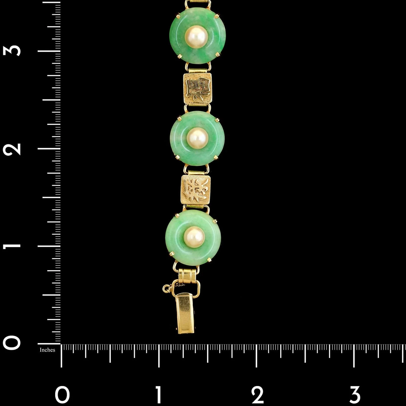 14K Yellow Gold Estate Hololith Jadeite and Cultured Pearl Bracelet - Image 5