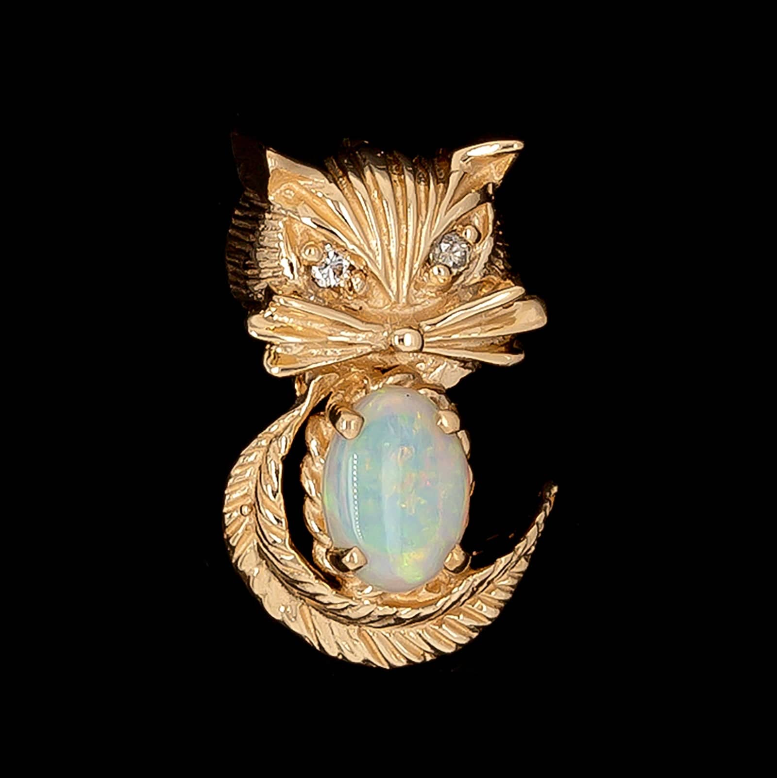 14K Yellow Gold Estate Opal Diamond Cat Charm