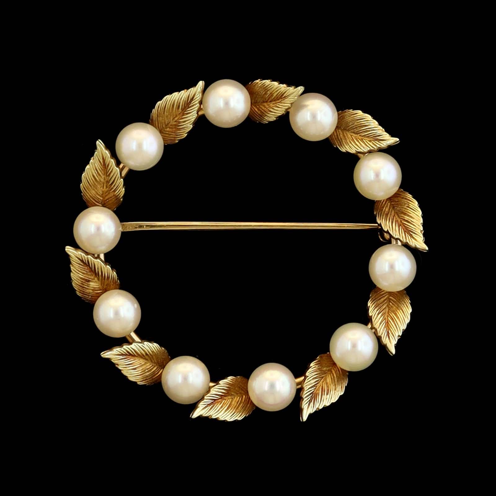 14K Yellow Gold Estate Pearl Leaf Wreath Pin
