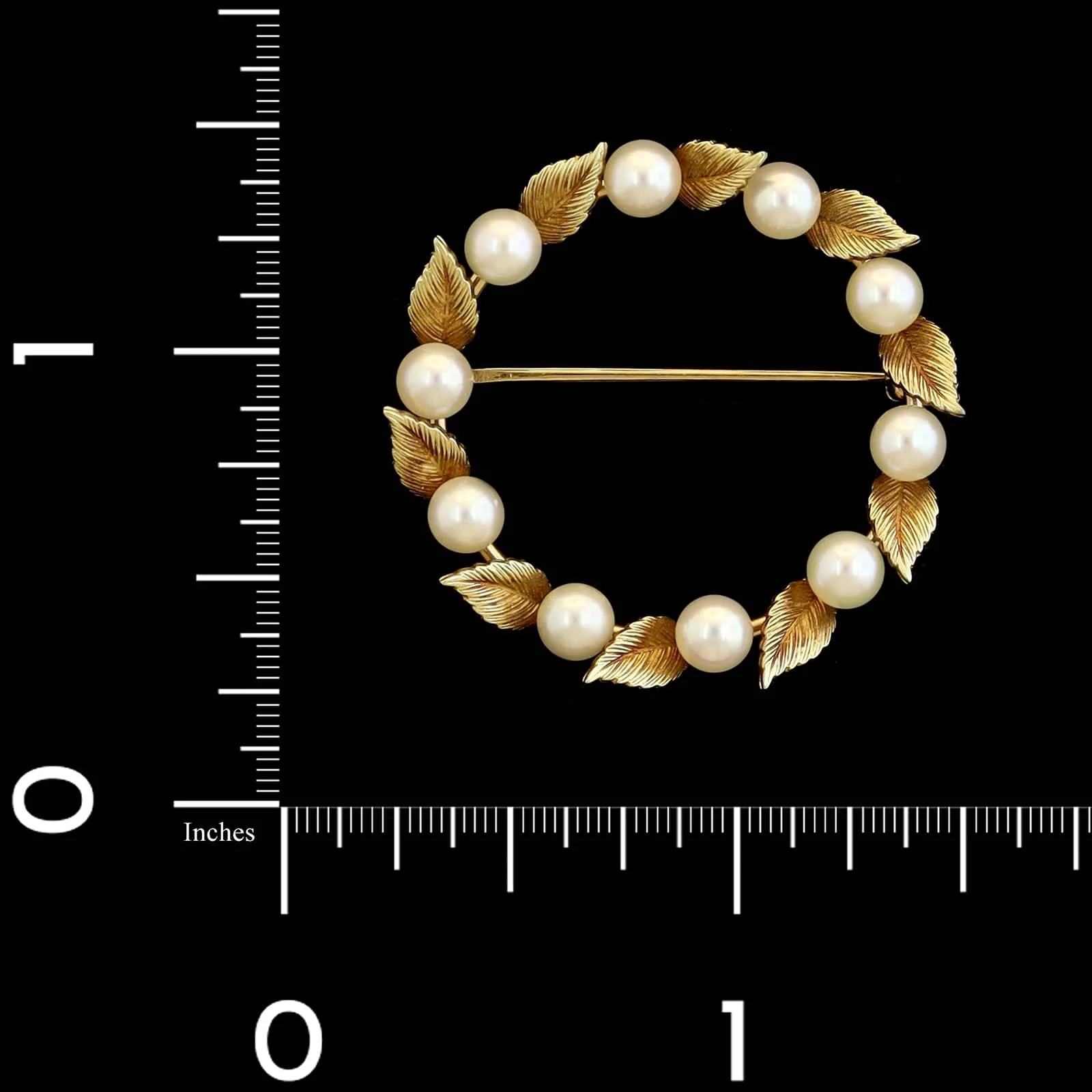 14K Yellow Gold Estate Pearl Leaf Wreath Pin - Image 3