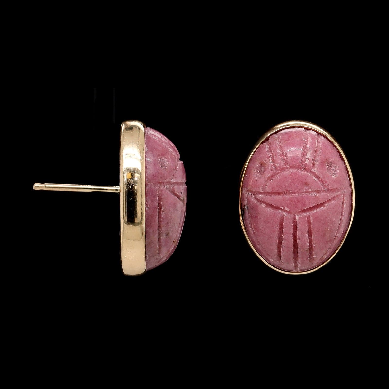 14K Yellow Gold Estate Rhodonite Scarab Earrings