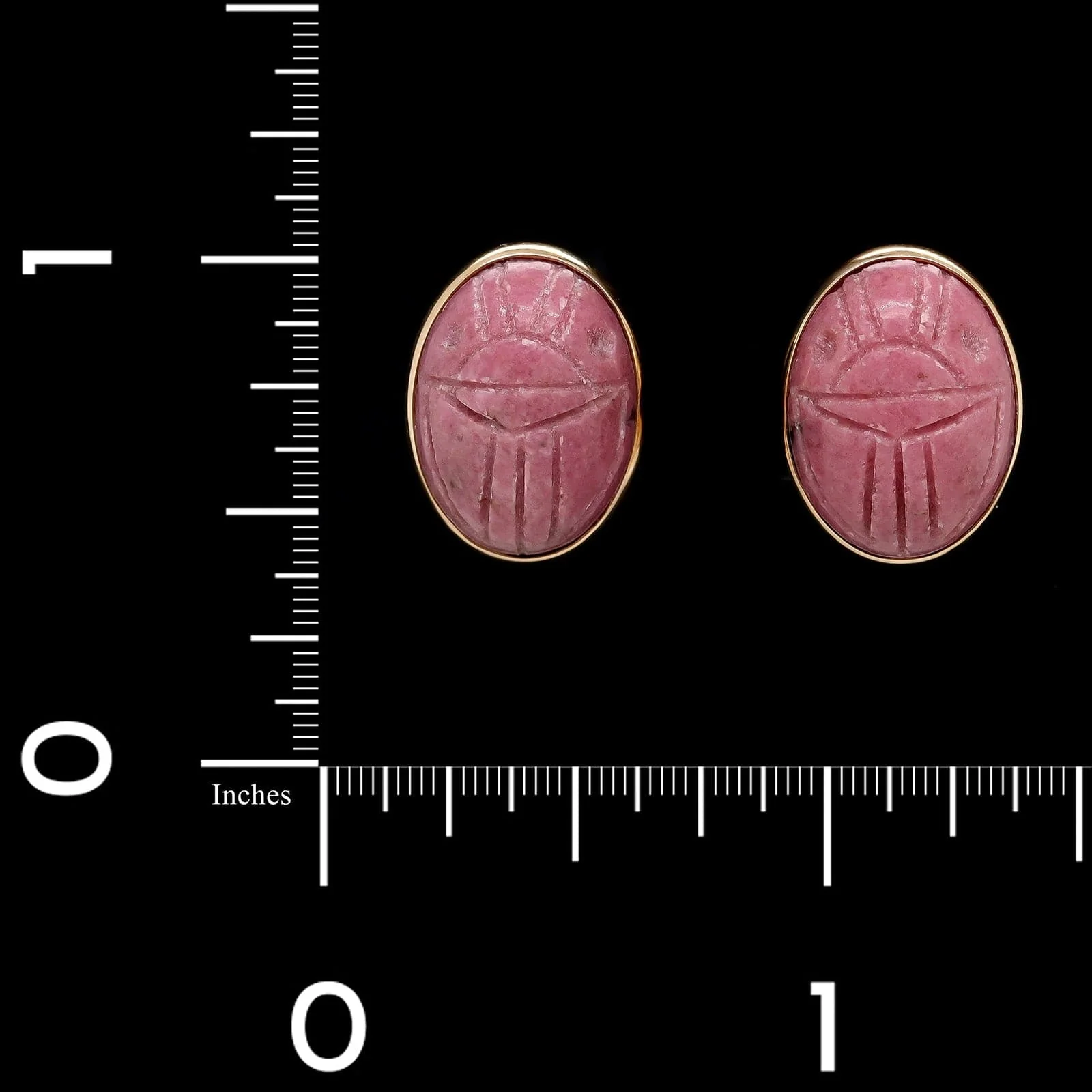 14K Yellow Gold Estate Rhodonite Scarab Earrings - Image 2