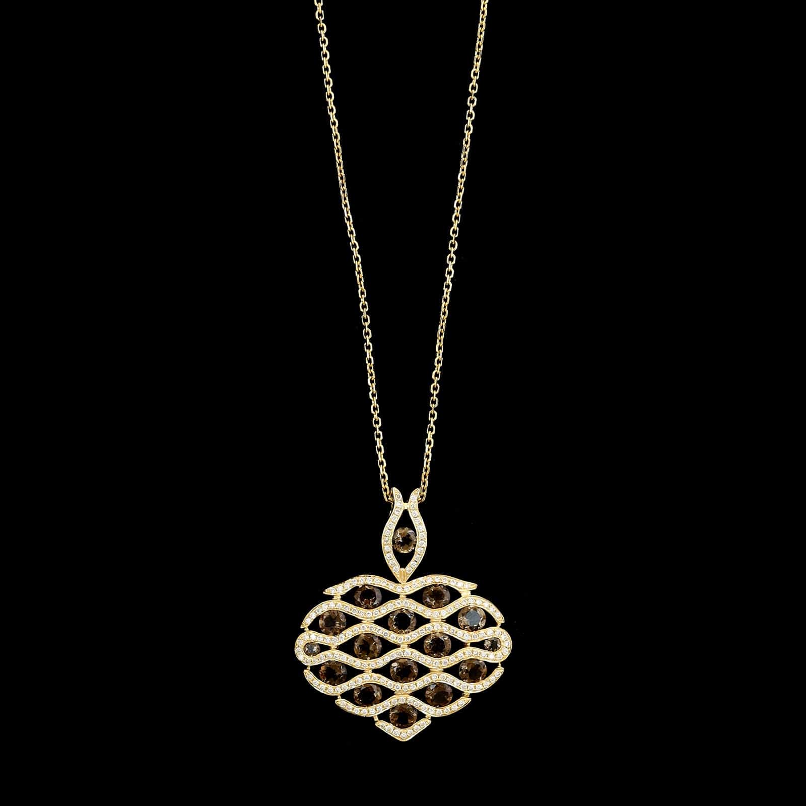 14K Yellow Gold Estate Smokey Quartz and Diamond Pendant Necklace