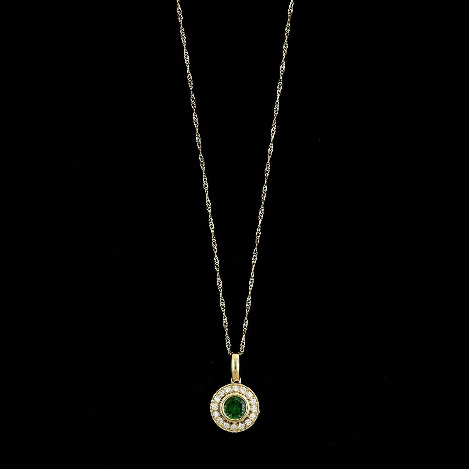 14K Yellow Gold Estate Tsavorite Garnet Diamond Halo Pendant Necklace