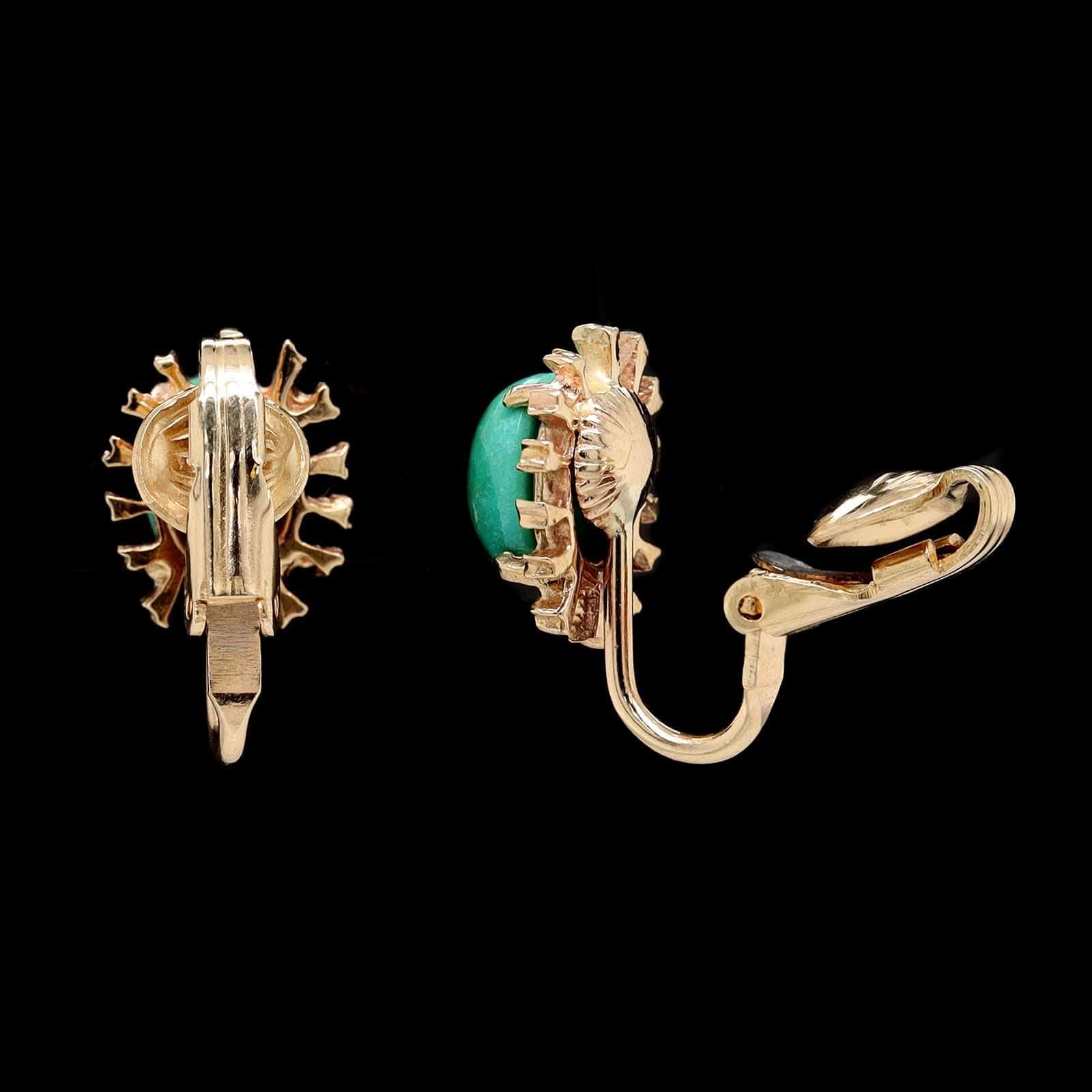 14K Yellow Gold Estate Turquoise Clip On Earrings - Image 2