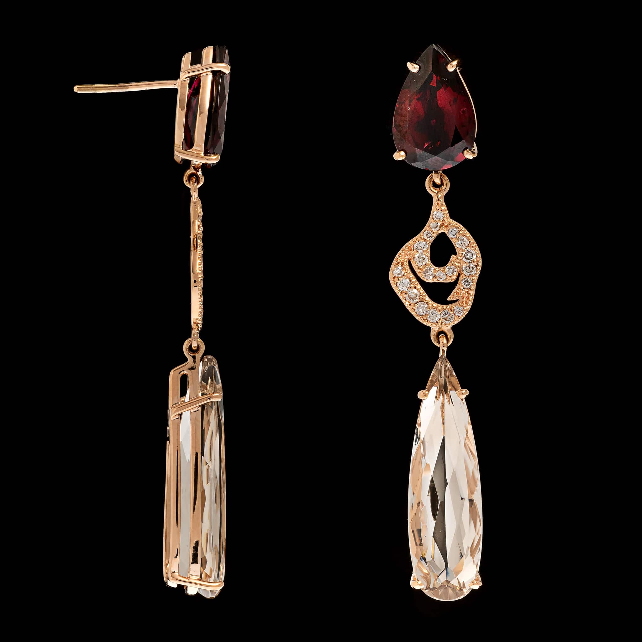 18K Rose Gold Estate Garnet, Quartz and Diamond Earrings